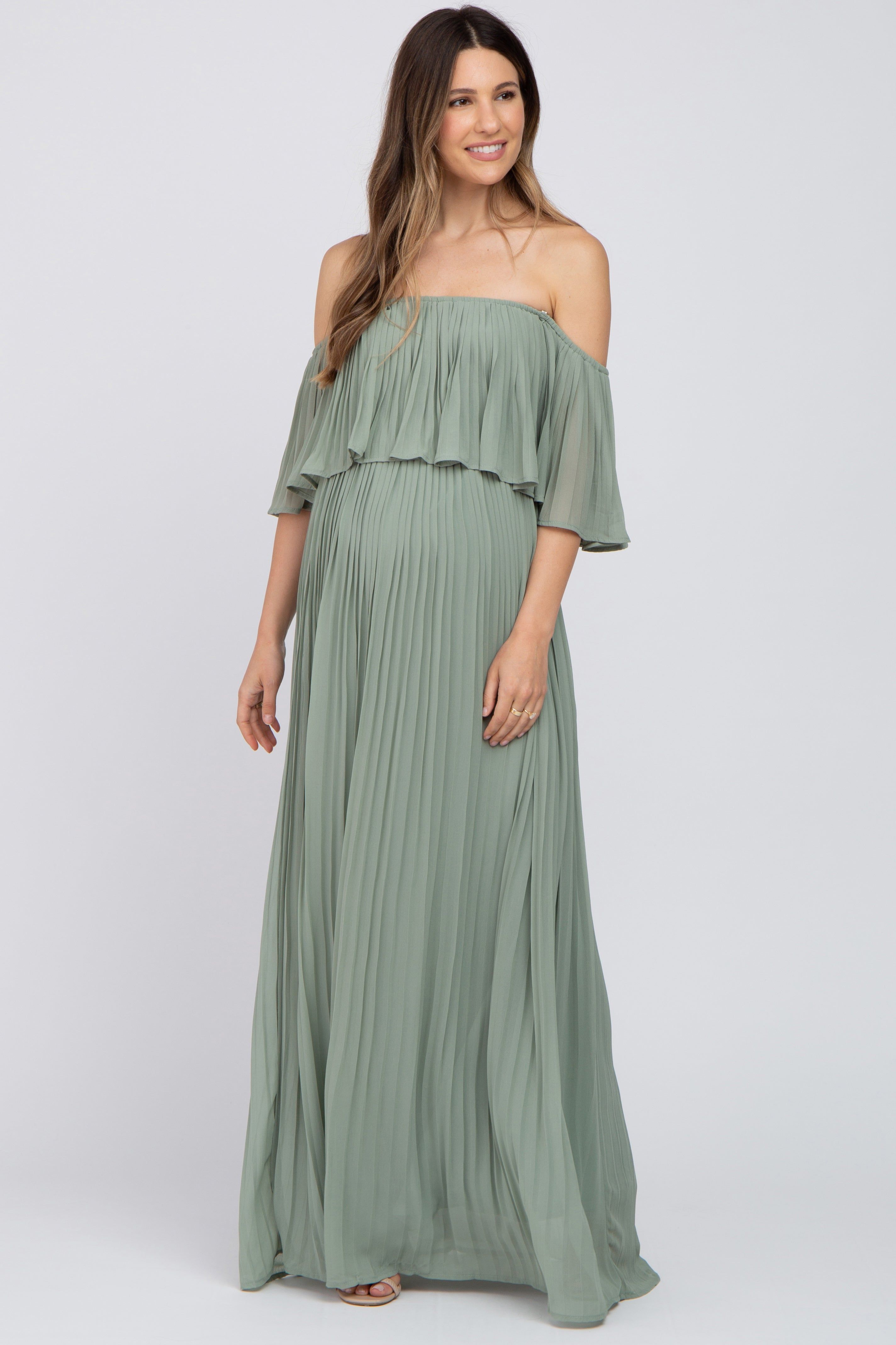 Light Olive Chiffon Pleated Off Shoulder Maternity Maxi Dress sold by Pinkblush