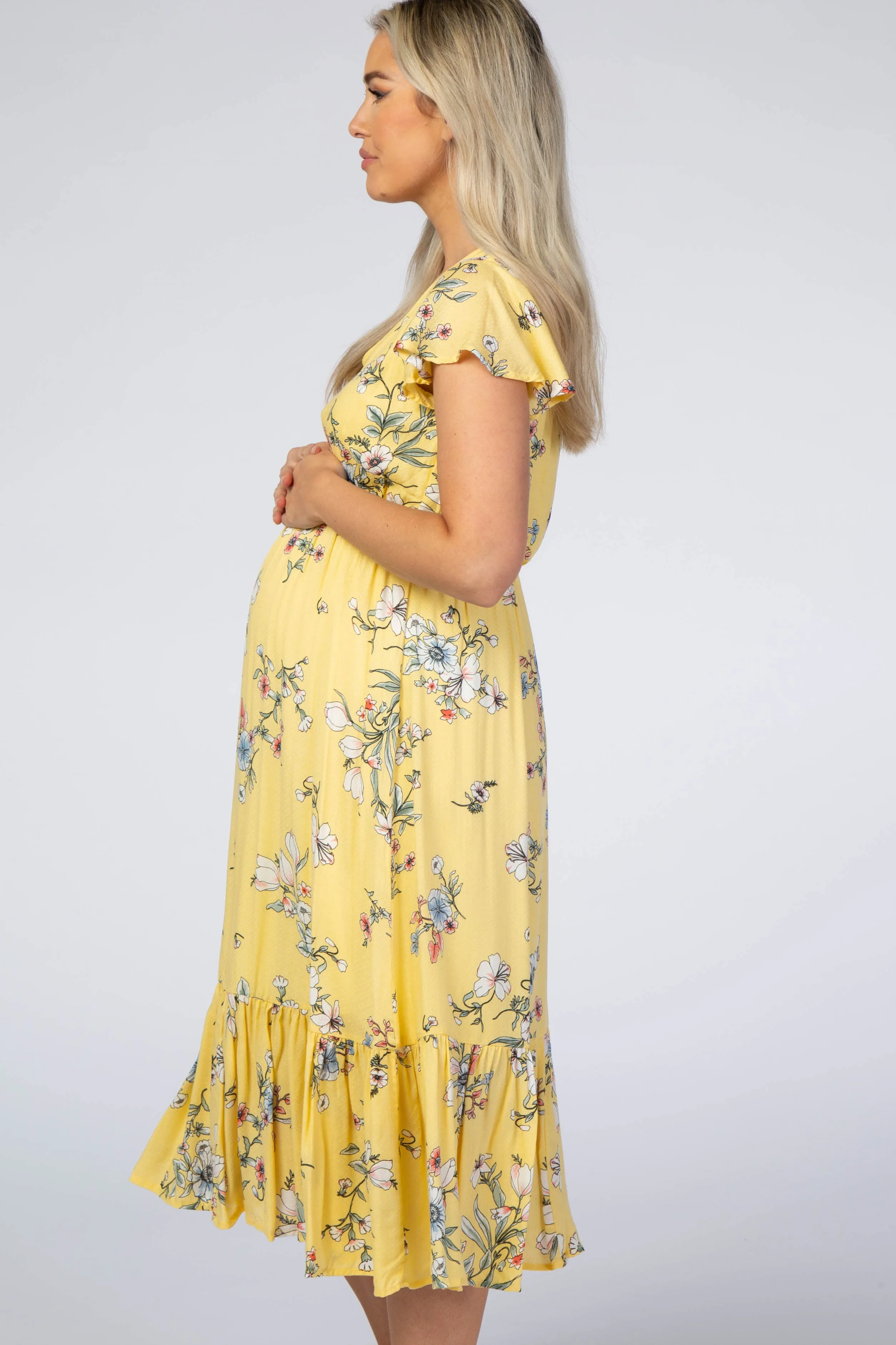 Yellow Floral Flounce Sleeve Midi Maternity Dress sold by Pinkblush product image thumbnail 2