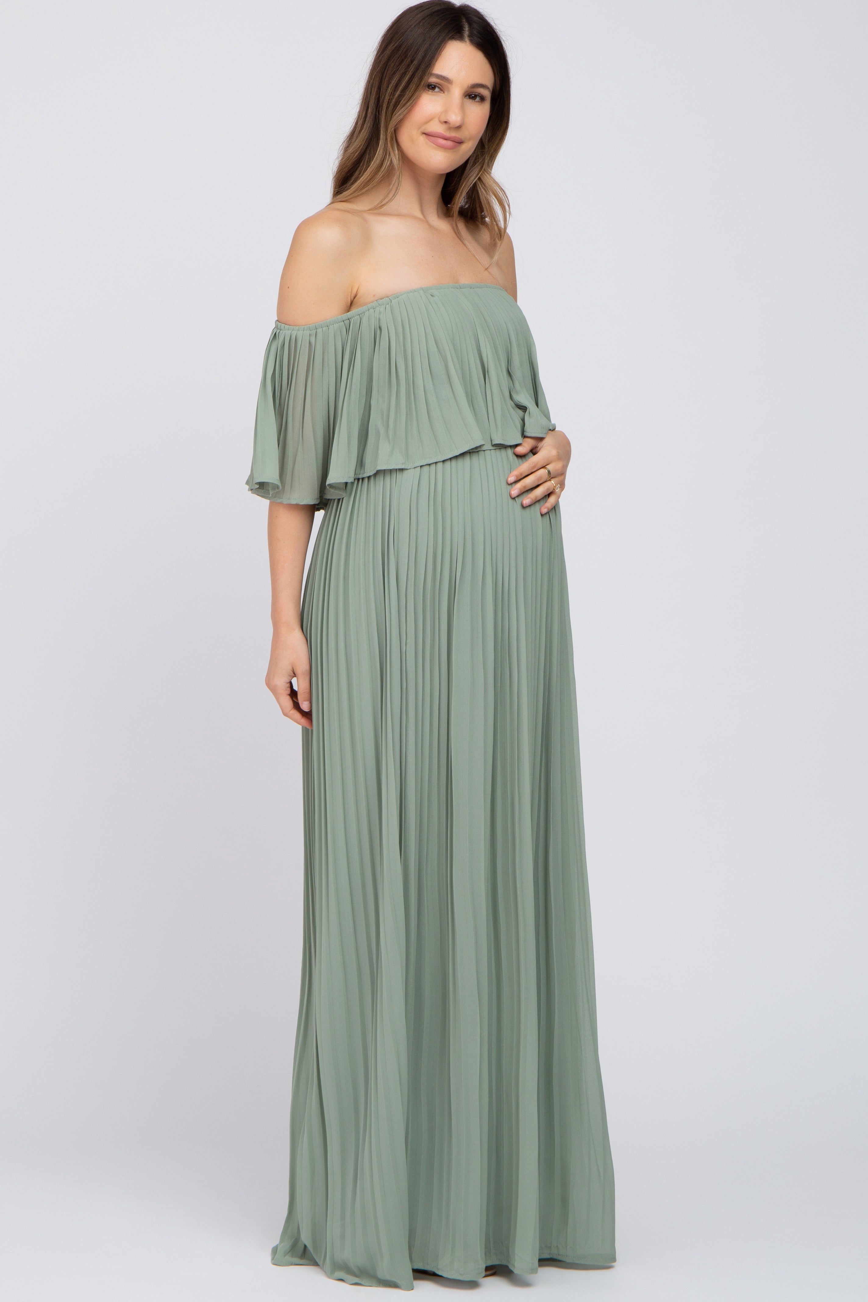 Light Olive Chiffon Pleated Off Shoulder Maternity Maxi Dress sold by Pinkblush product image thumbnail 2