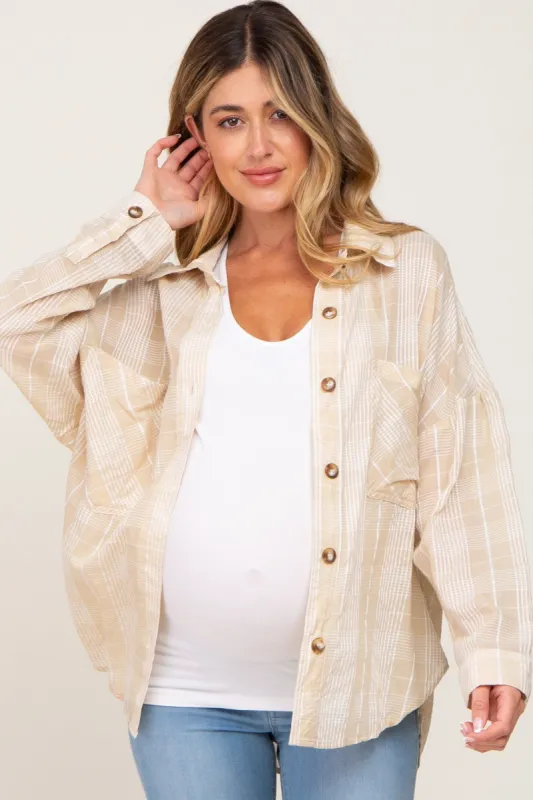 Taupe Plaid Front Pocket Maternity Button Up Top sold by Pinkblush
