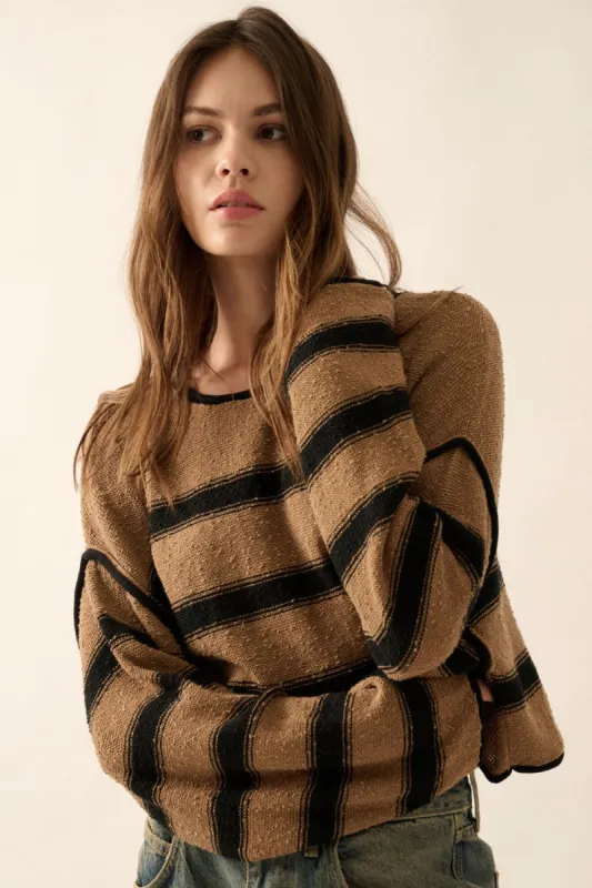 Taupe Black Stripe Round Neck Exposed Seam Sweater sold by Pinkblush