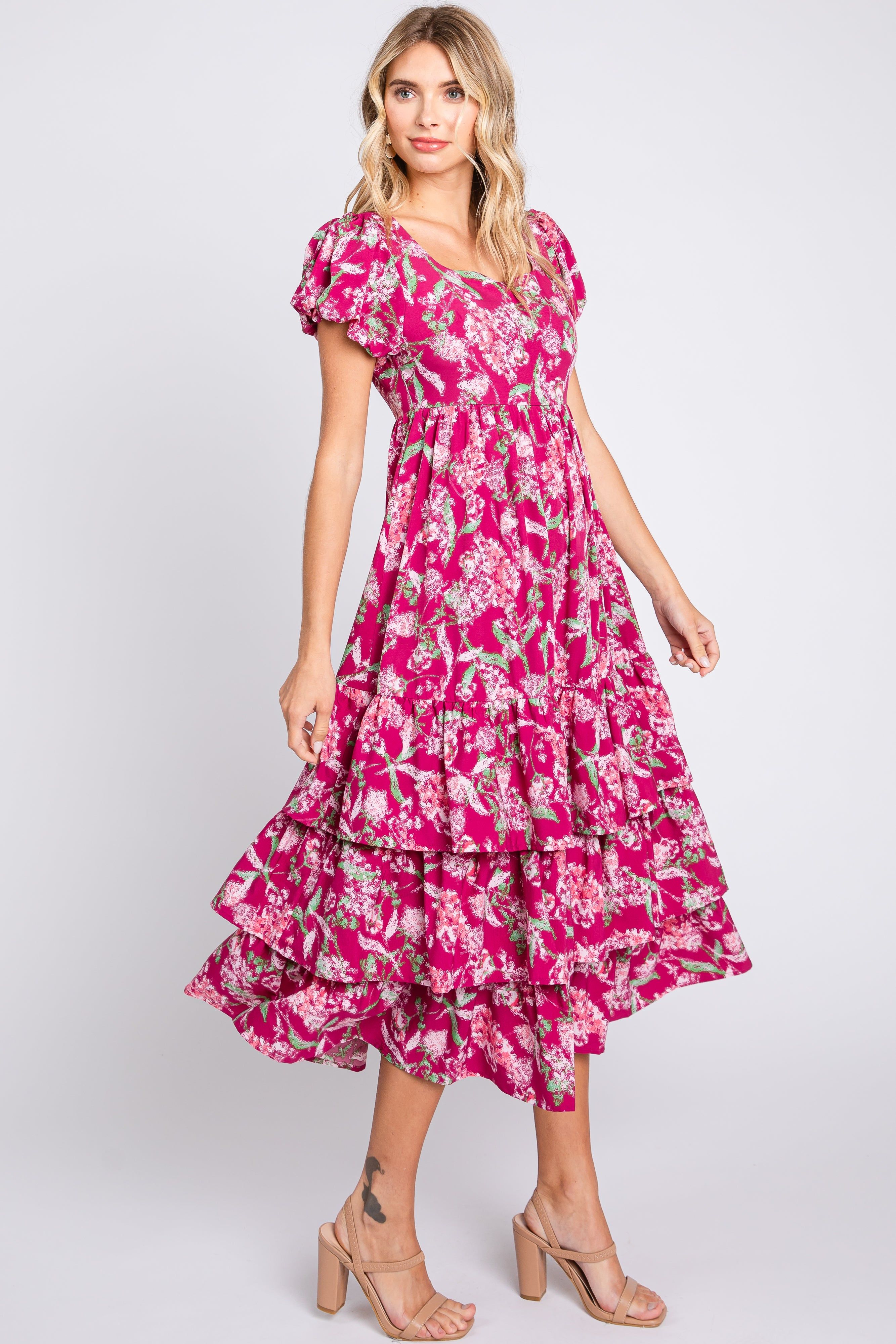 Magenta Floral Puff Sleeve Tiered Midi Dress sold by Pinkblush product image thumbnail 2