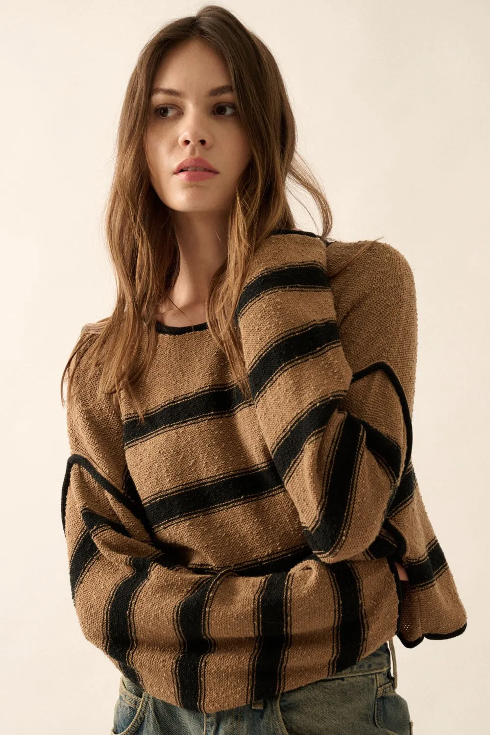 Taupe Black Stripe Round Neck Exposed Seam Sweater sold by Pinkblush product image thumbnail 2