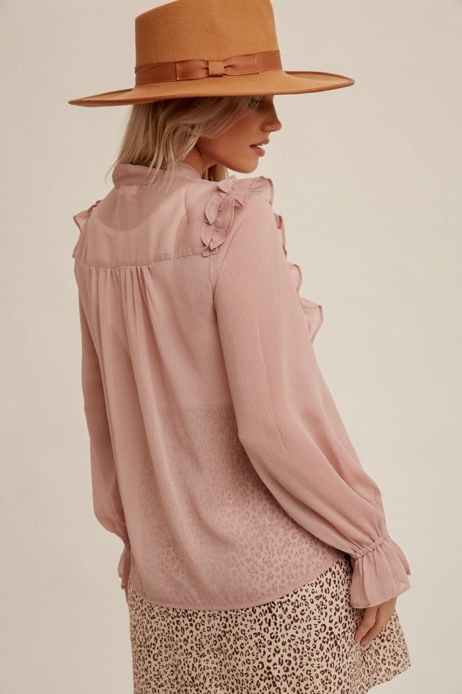 Mauve Front Tied Ruffle Shirring Button Up Chiffon sold by Pinkblush product image thumbnail 3