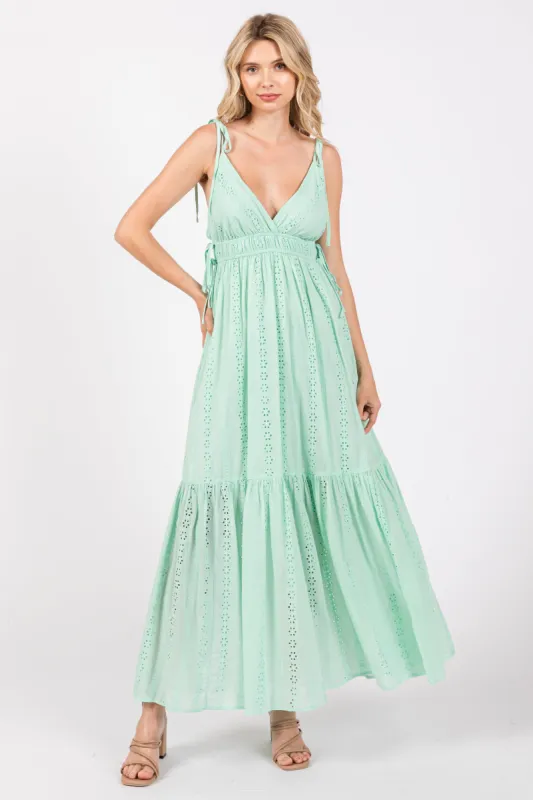 Mint Green Floral Eyelet Shoulder Tie Dress sold by Pinkblush