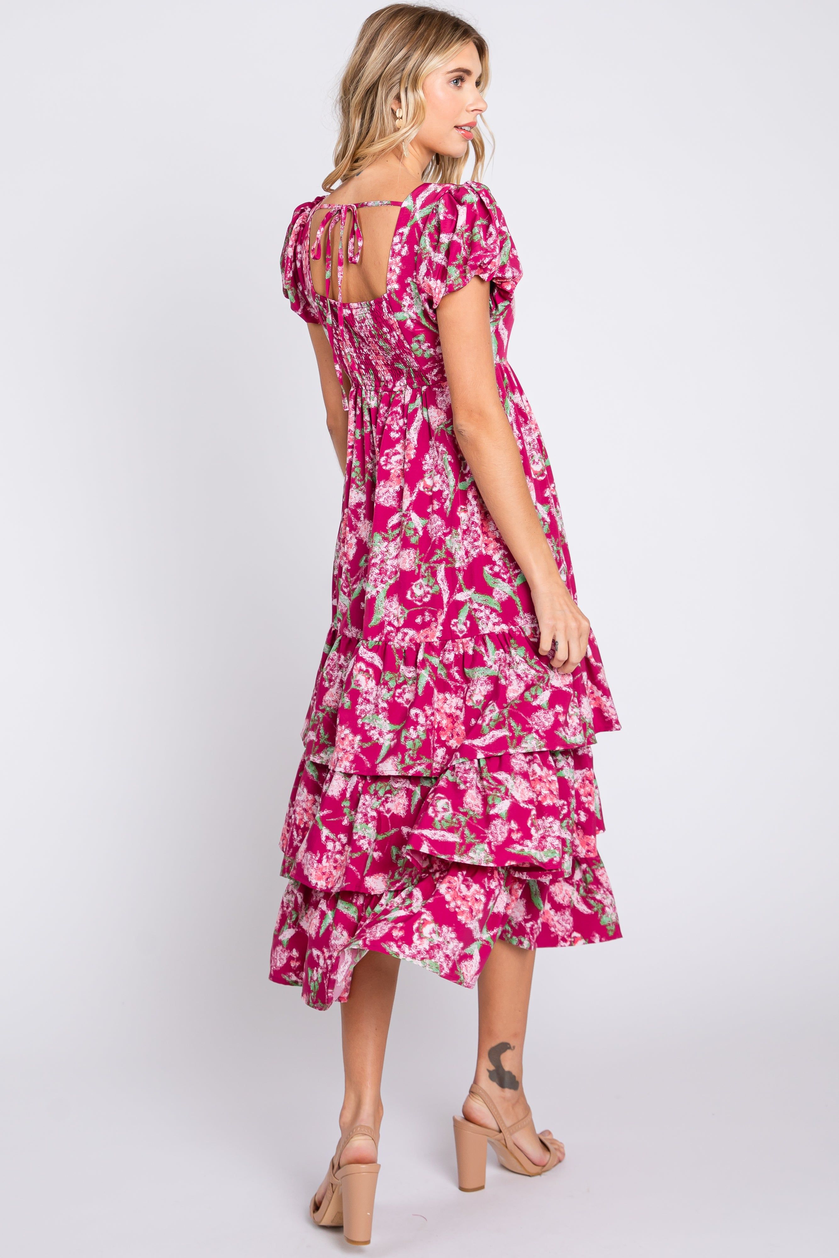 Magenta Floral Puff Sleeve Tiered Midi Dress sold by Pinkblush product image thumbnail 3