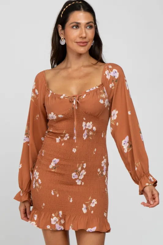 Camel Floral Long Sleeve Smocked Mini Dress sold by Pinkblush