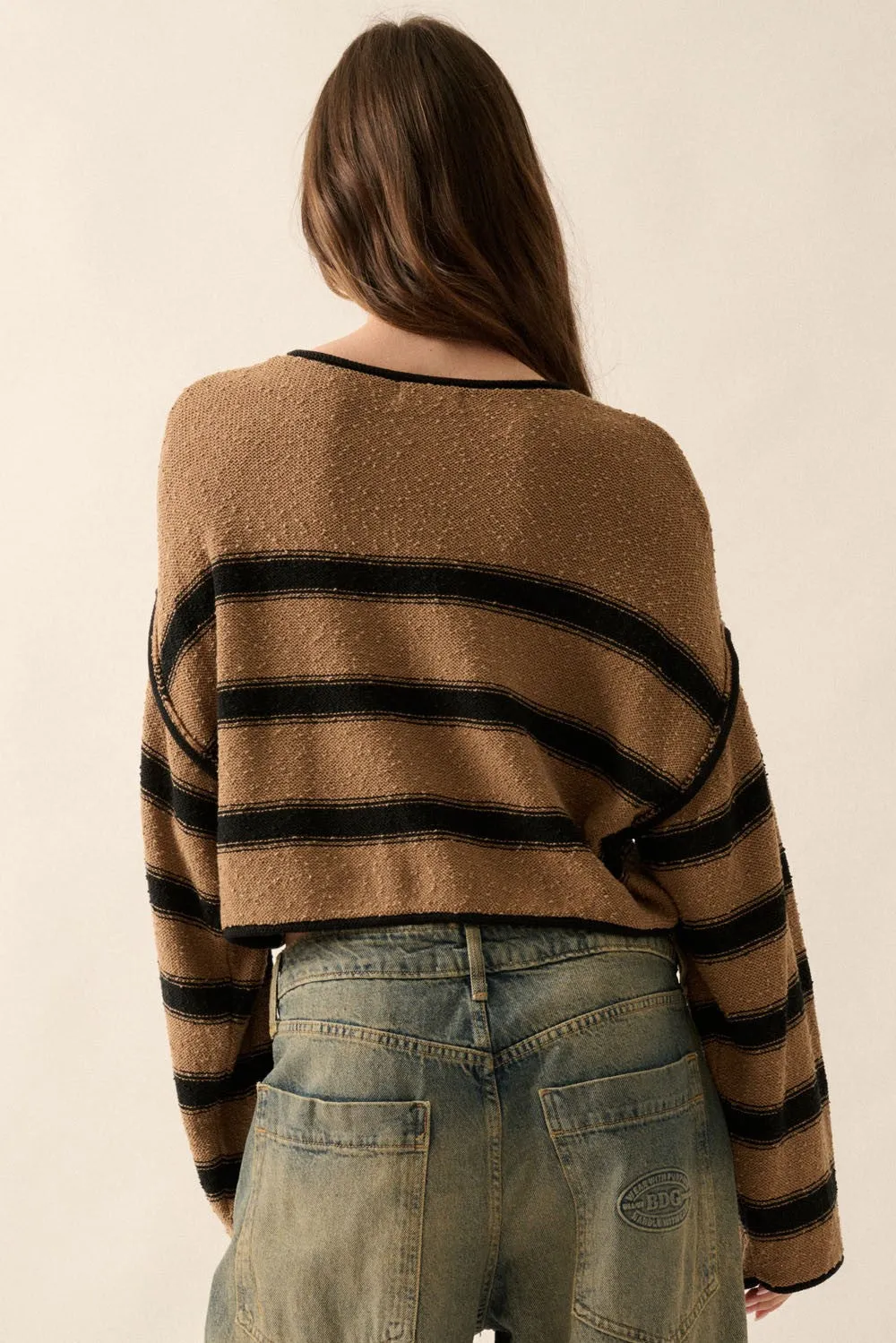 Taupe Black Stripe Round Neck Exposed Seam Sweater sold by Pinkblush product image thumbnail 5