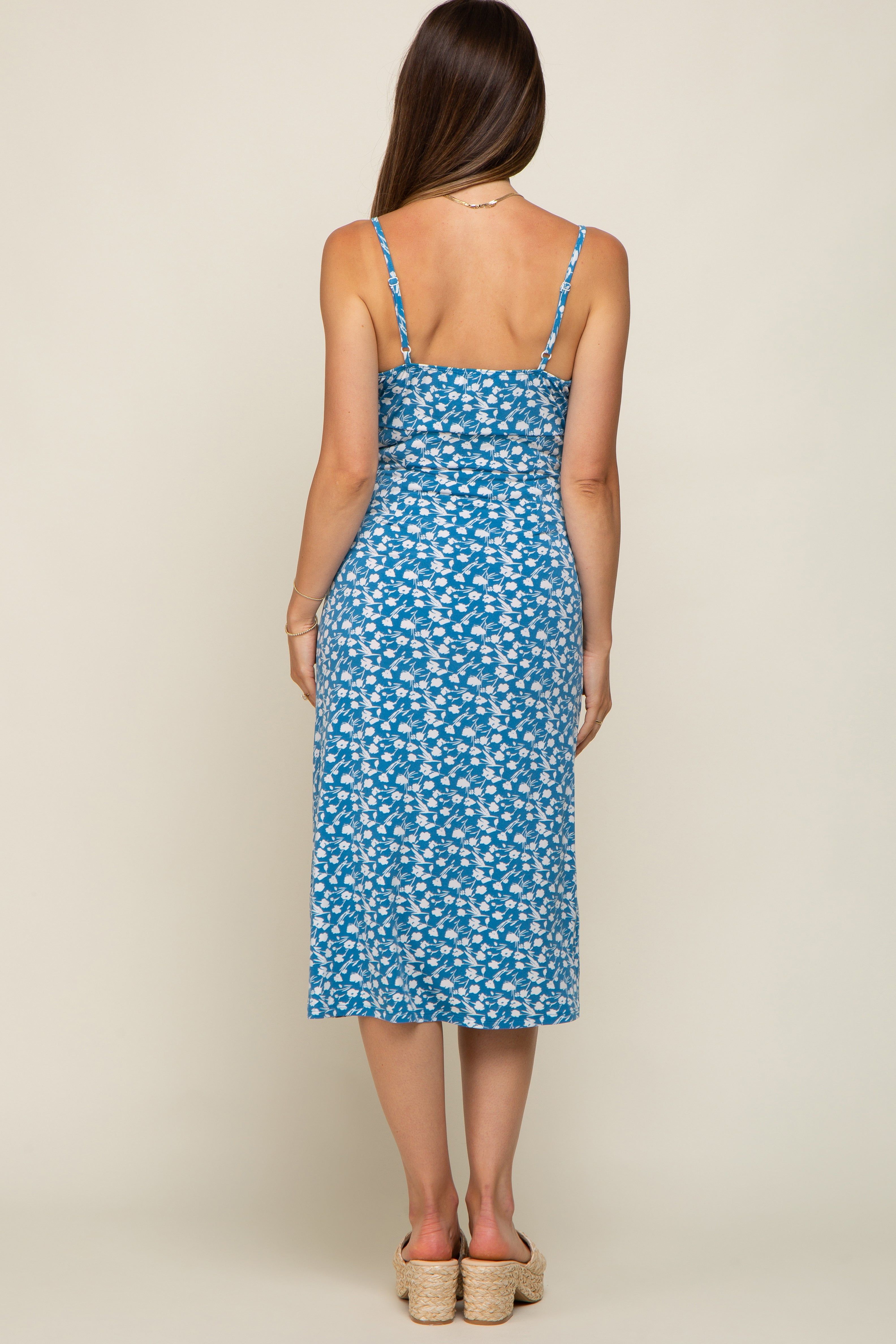 Blue Floral Front Tie Side Slit Maternity Midi Dress sold by Pinkblush product image thumbnail 4