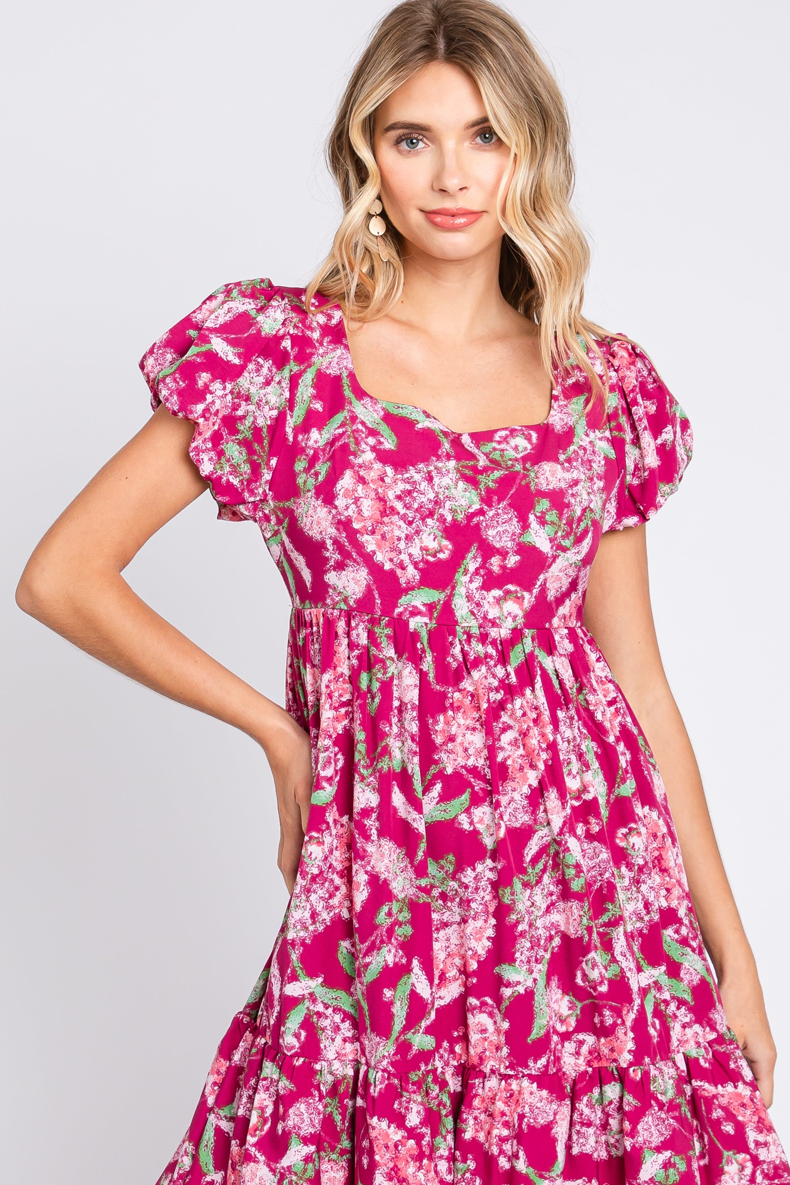 Magenta Floral Puff Sleeve Tiered Midi Dress sold by Pinkblush product image thumbnail 4