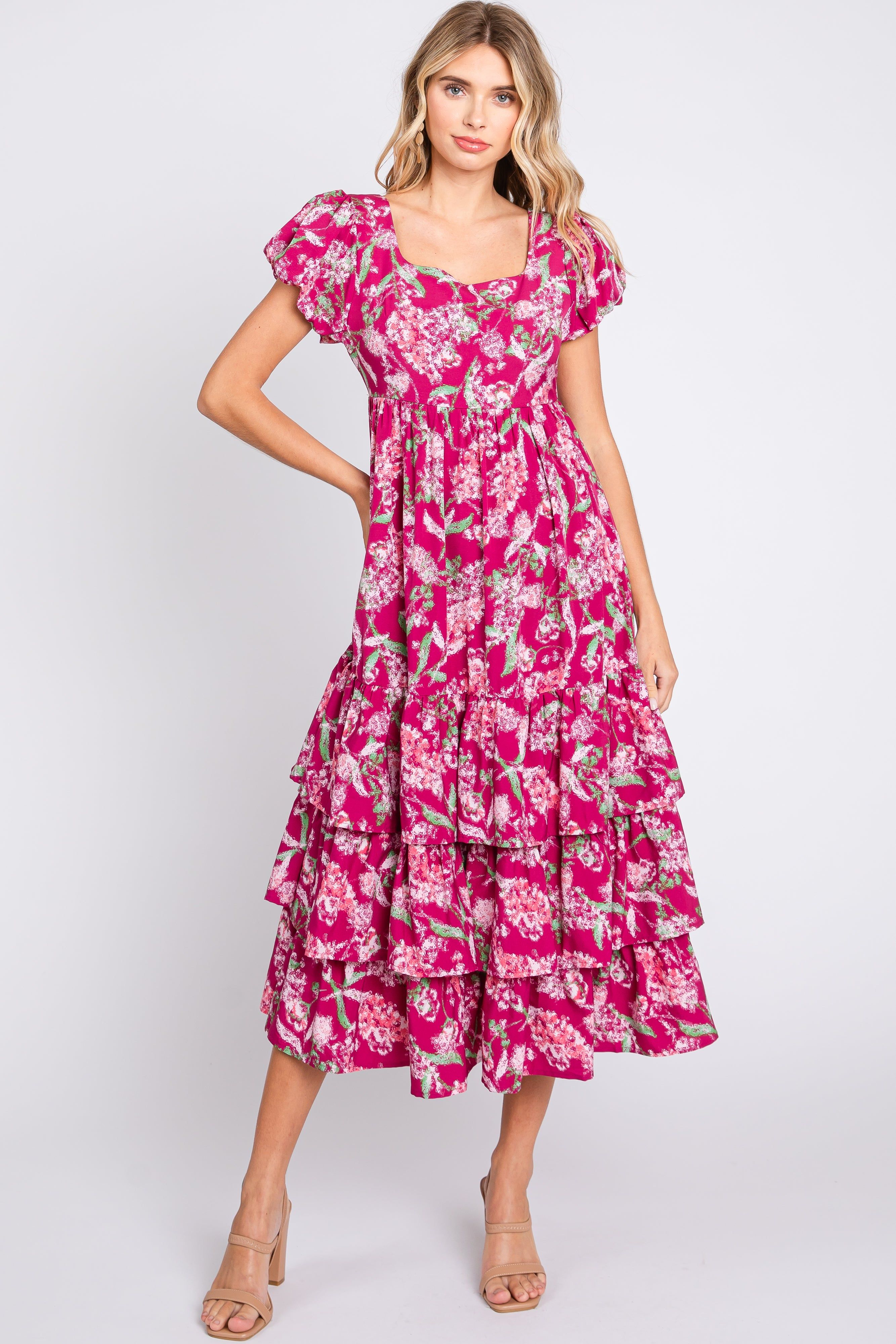 Magenta Floral Puff Sleeve Tiered Midi Dress sold by Pinkblush