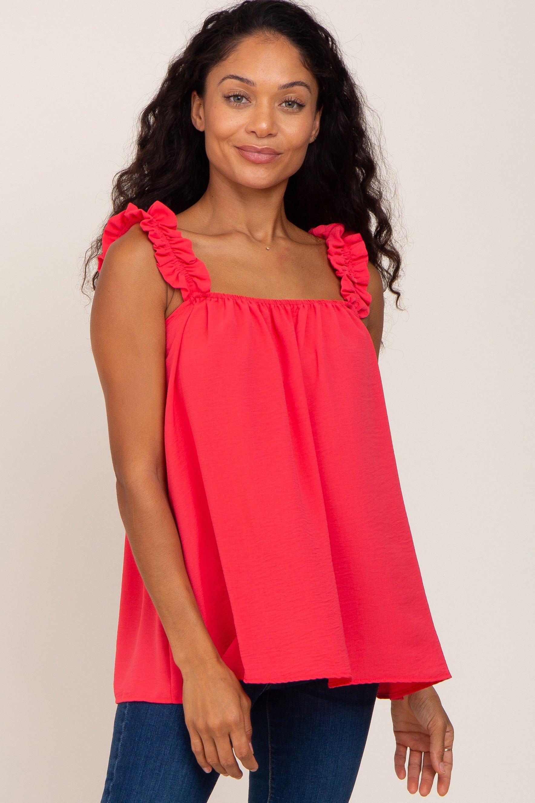 Black Square Neck Ruffle Strap Top sold by Pinkblush