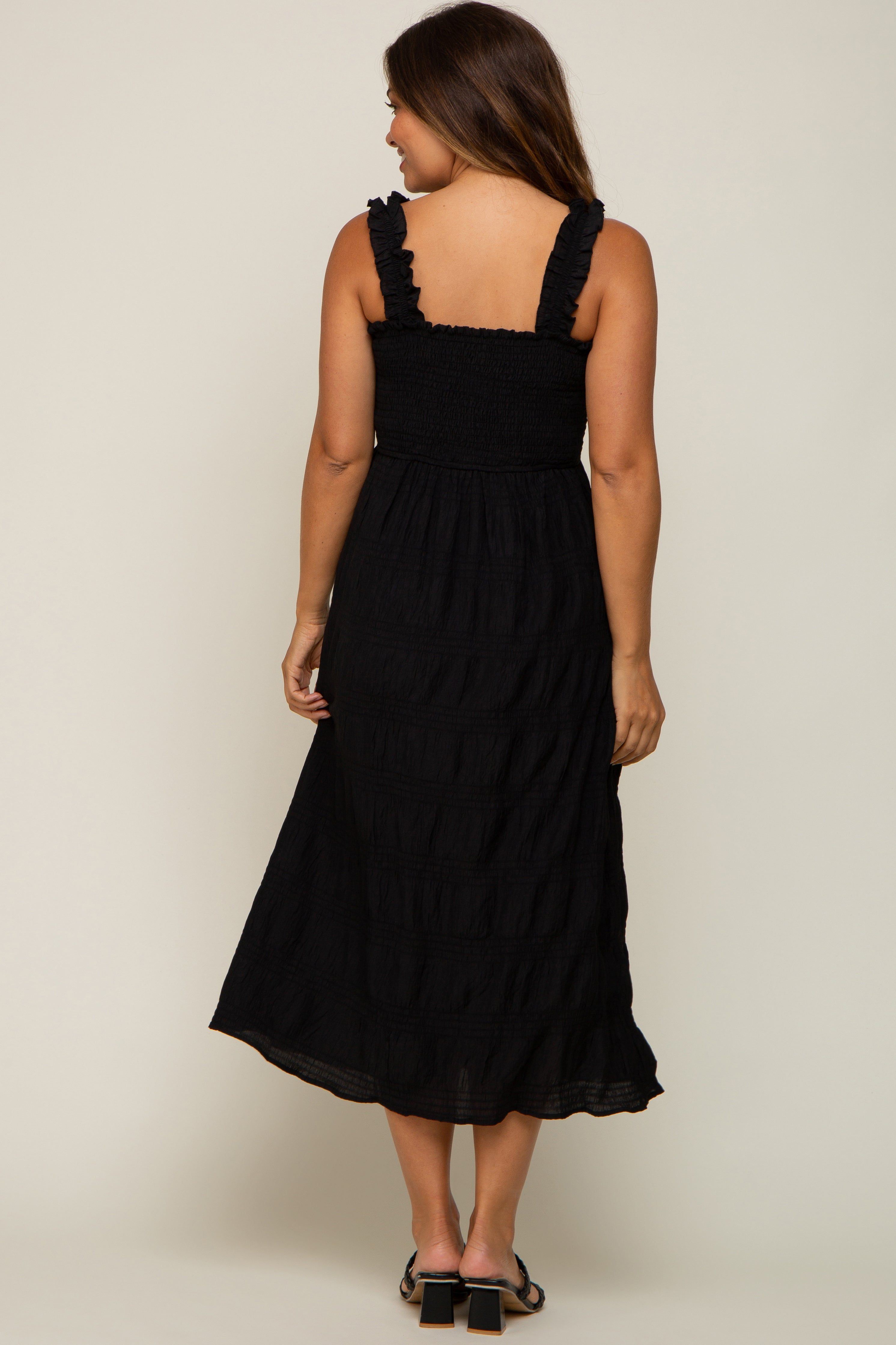 Black Smocked Square Neck Maternity Midi Dress sold by Pinkblush product image thumbnail 4