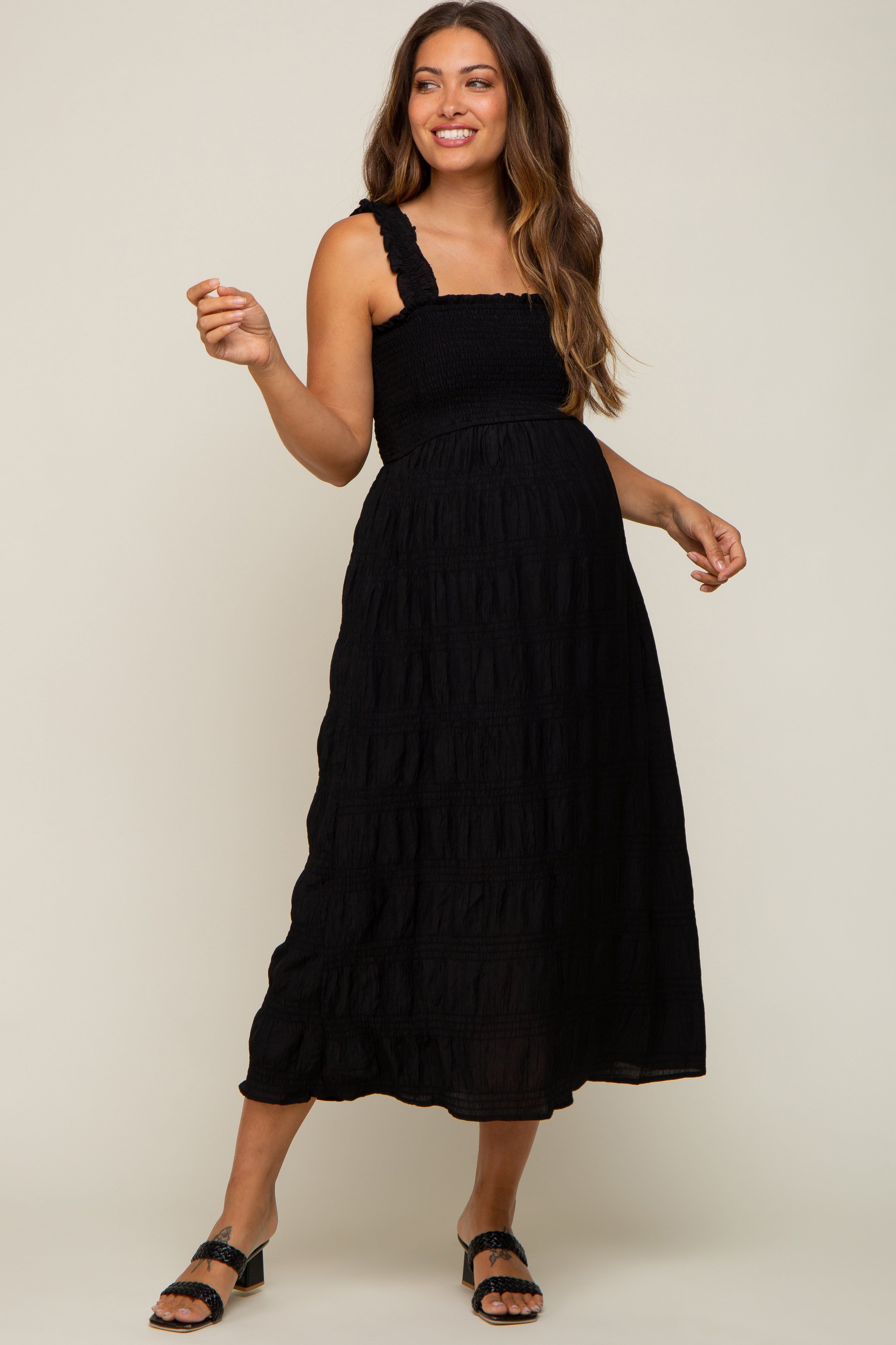 Black Smocked Square Neck Maternity Midi Dress sold by Pinkblush