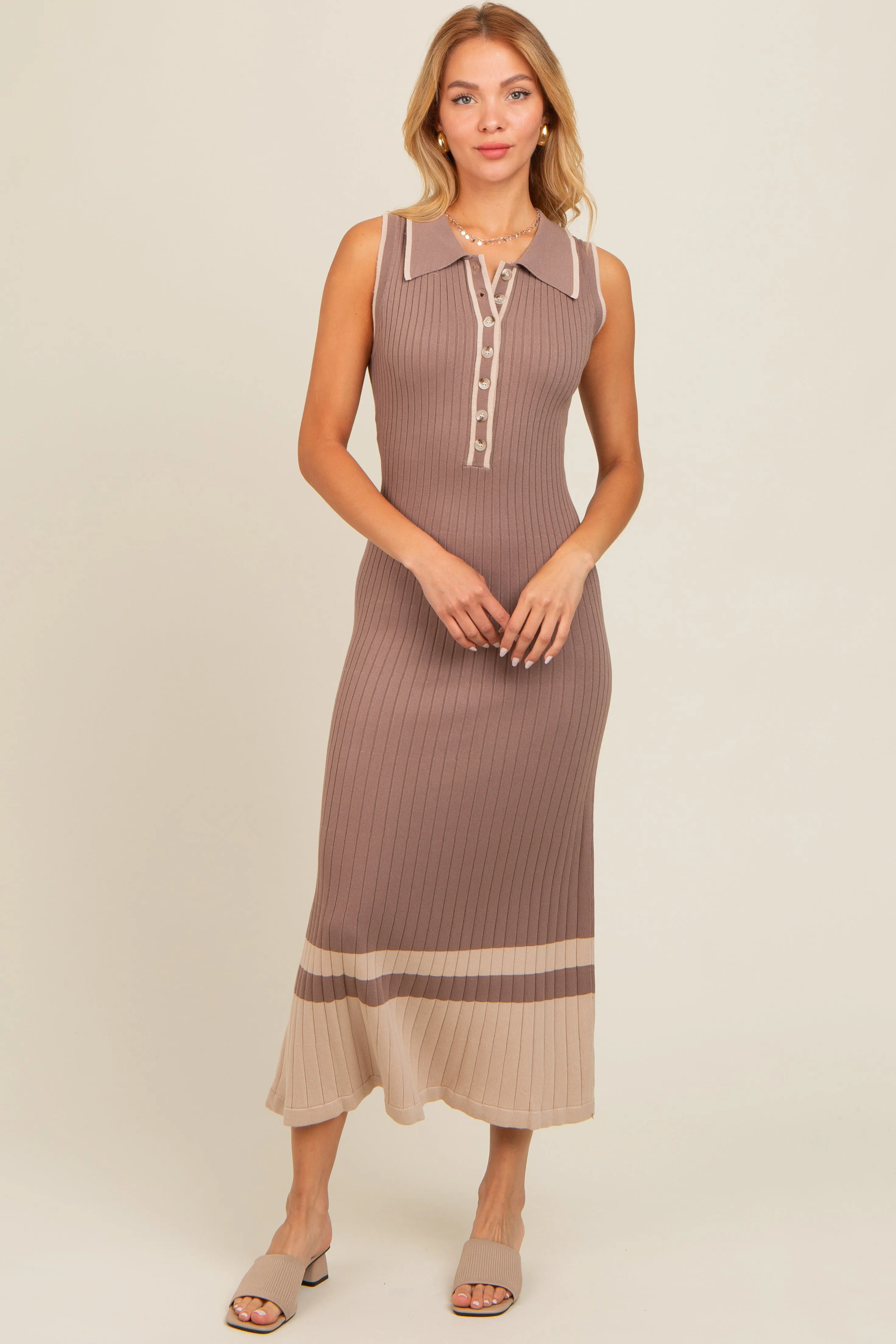 Mocha Knit Button Front Contrast Border Maternity Midi Dress sold by Pinkblush product image thumbnail 4