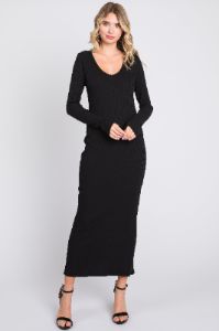 Black Ribbed Long Sleeve Maternity Maxi Dress sold by Pinkblush