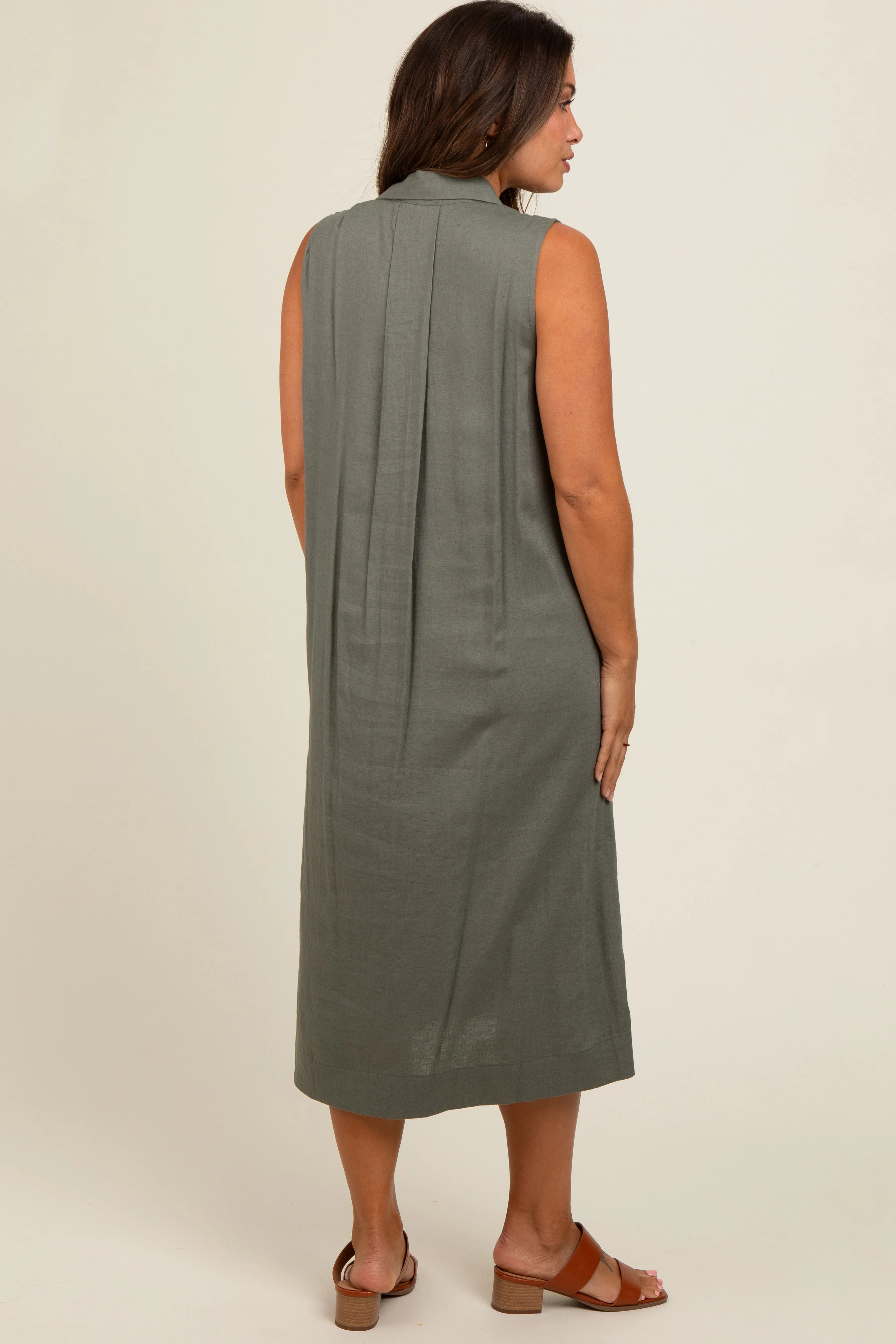 Olive Linen Button Down Maternity Midi Dress sold by Pinkblush product image thumbnail 3