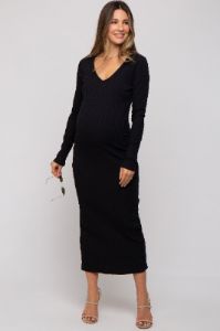 Black Ribbed Long Sleeve Maternity Maxi Dress sold by Pinkblush