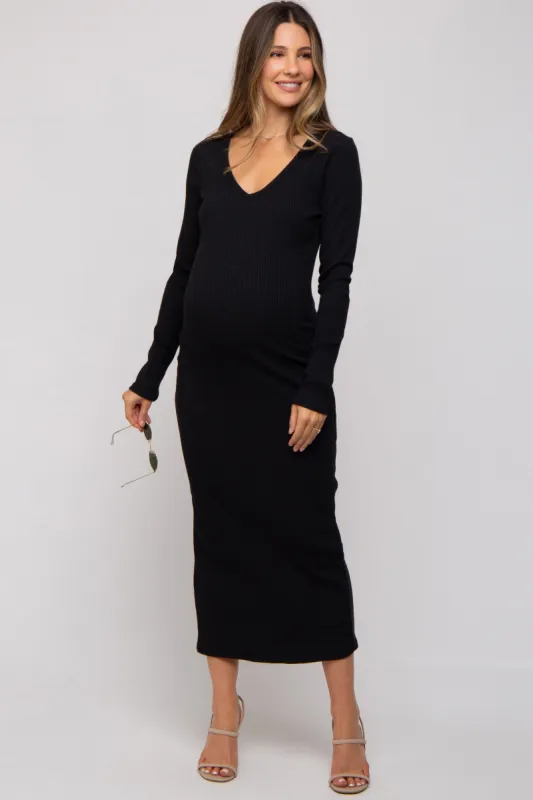 Black Ribbed Long Sleeve Maternity Maxi Dress sold by Pinkblush