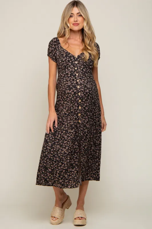 Black Leopard Button Front Maternity Midi Dress sold by Pinkblush