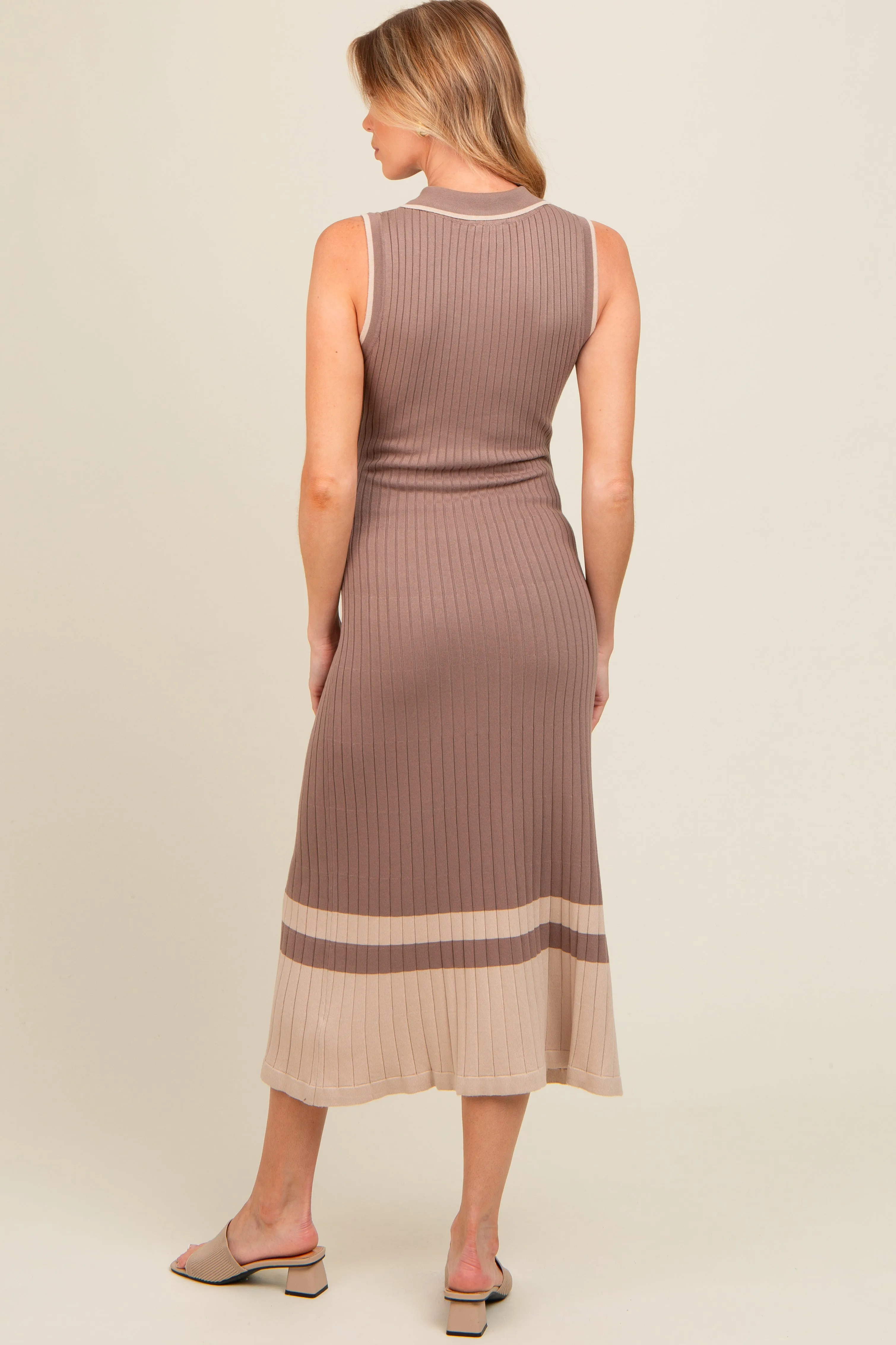 Mocha Knit Button Front Contrast Border Maternity Midi Dress sold by Pinkblush product image thumbnail 3