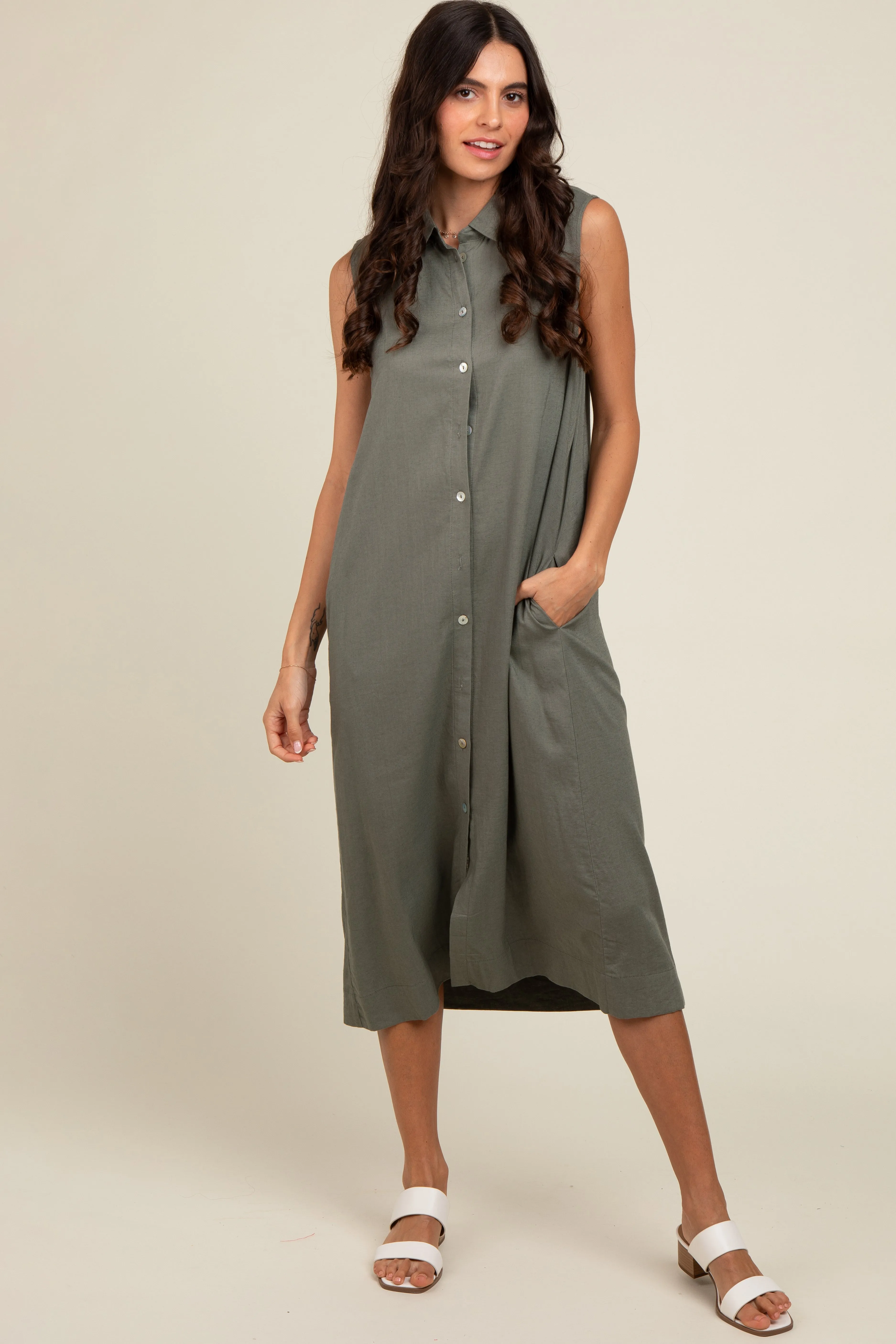 Olive Linen Button Down Maternity Midi Dress sold by Pinkblush product image thumbnail 4