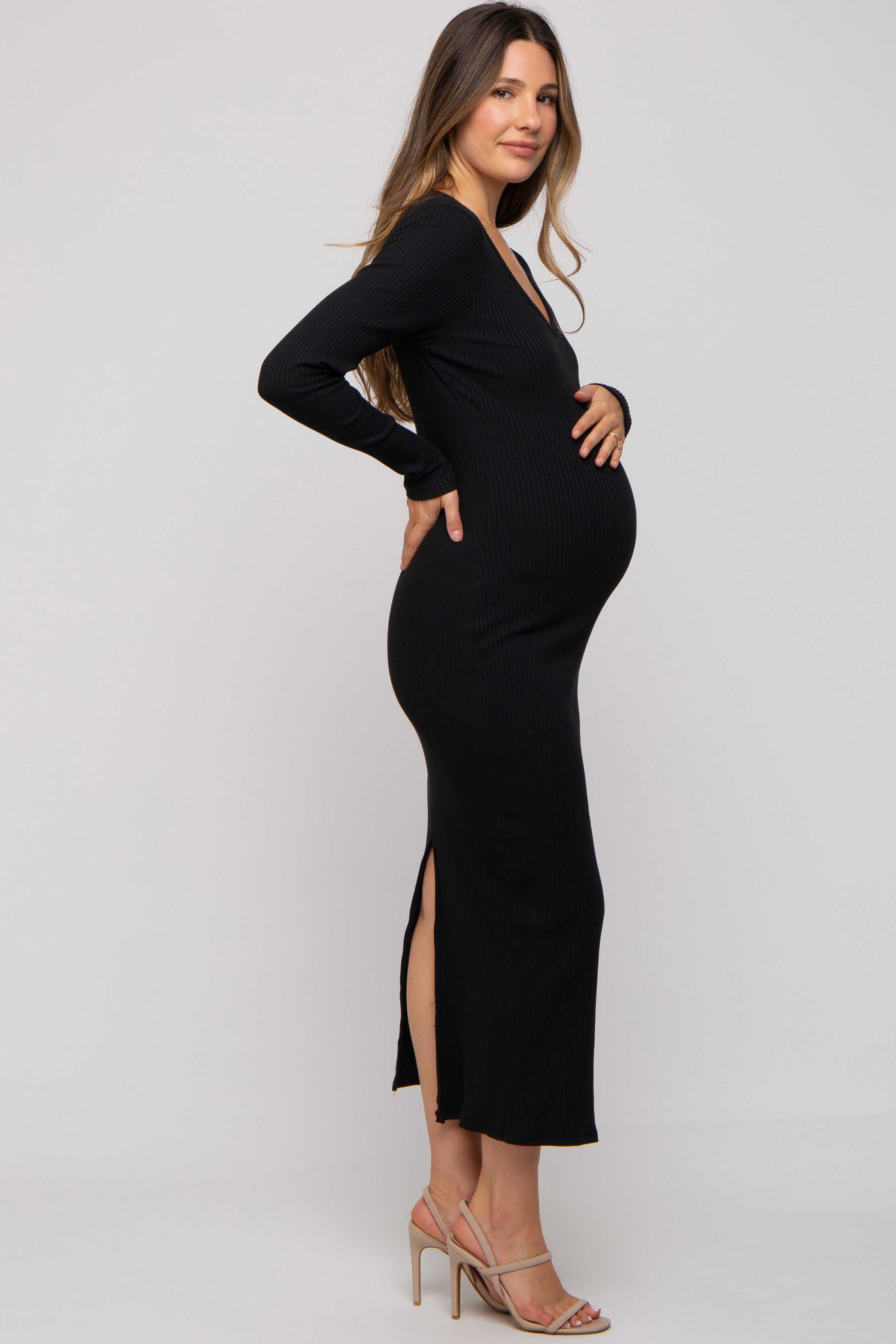Black Ribbed Long Sleeve Maternity Maxi Dress sold by Pinkblush product image thumbnail 2