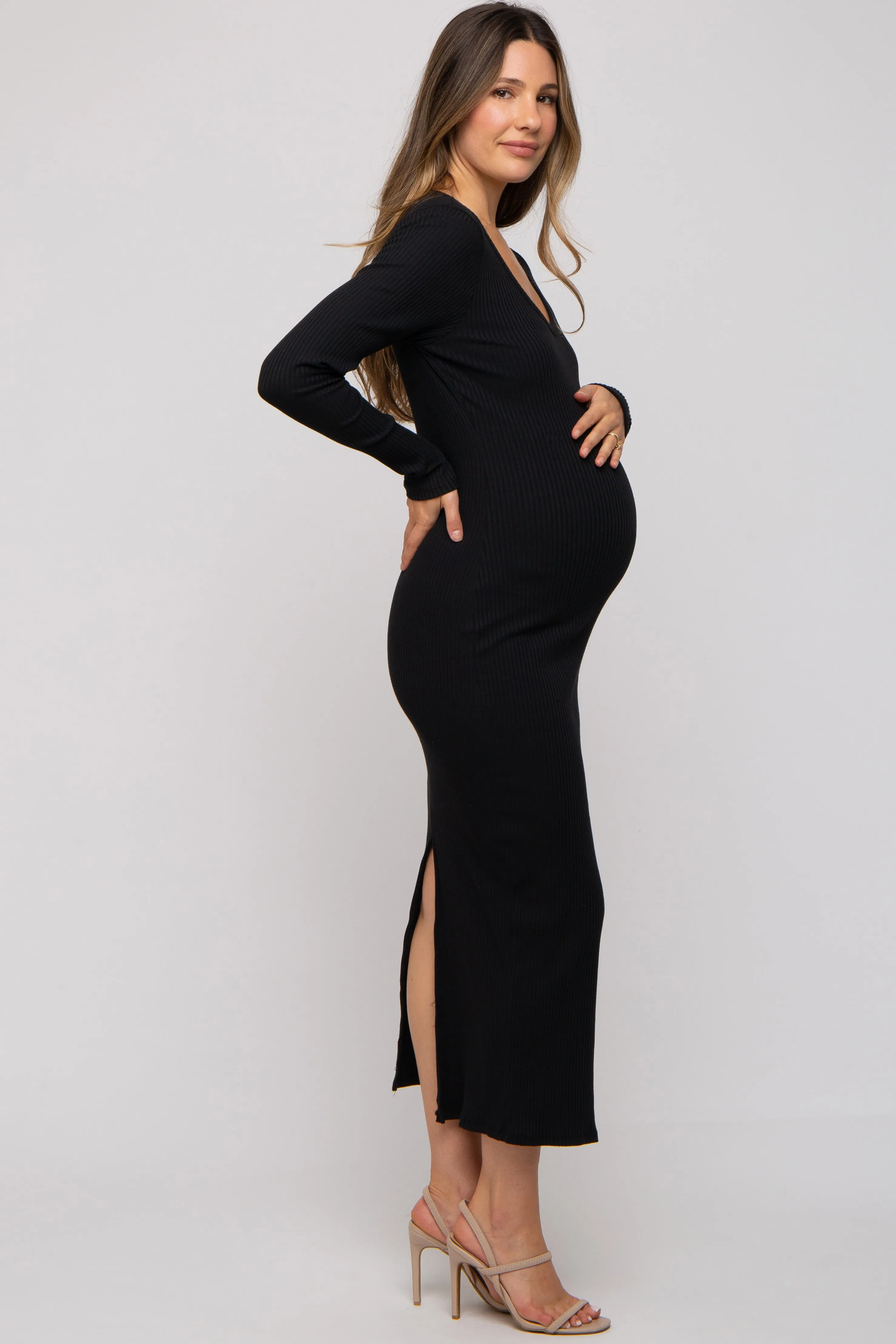 Black Ribbed Long Sleeve Maternity Maxi Dress sold by Pinkblush product image thumbnail 2