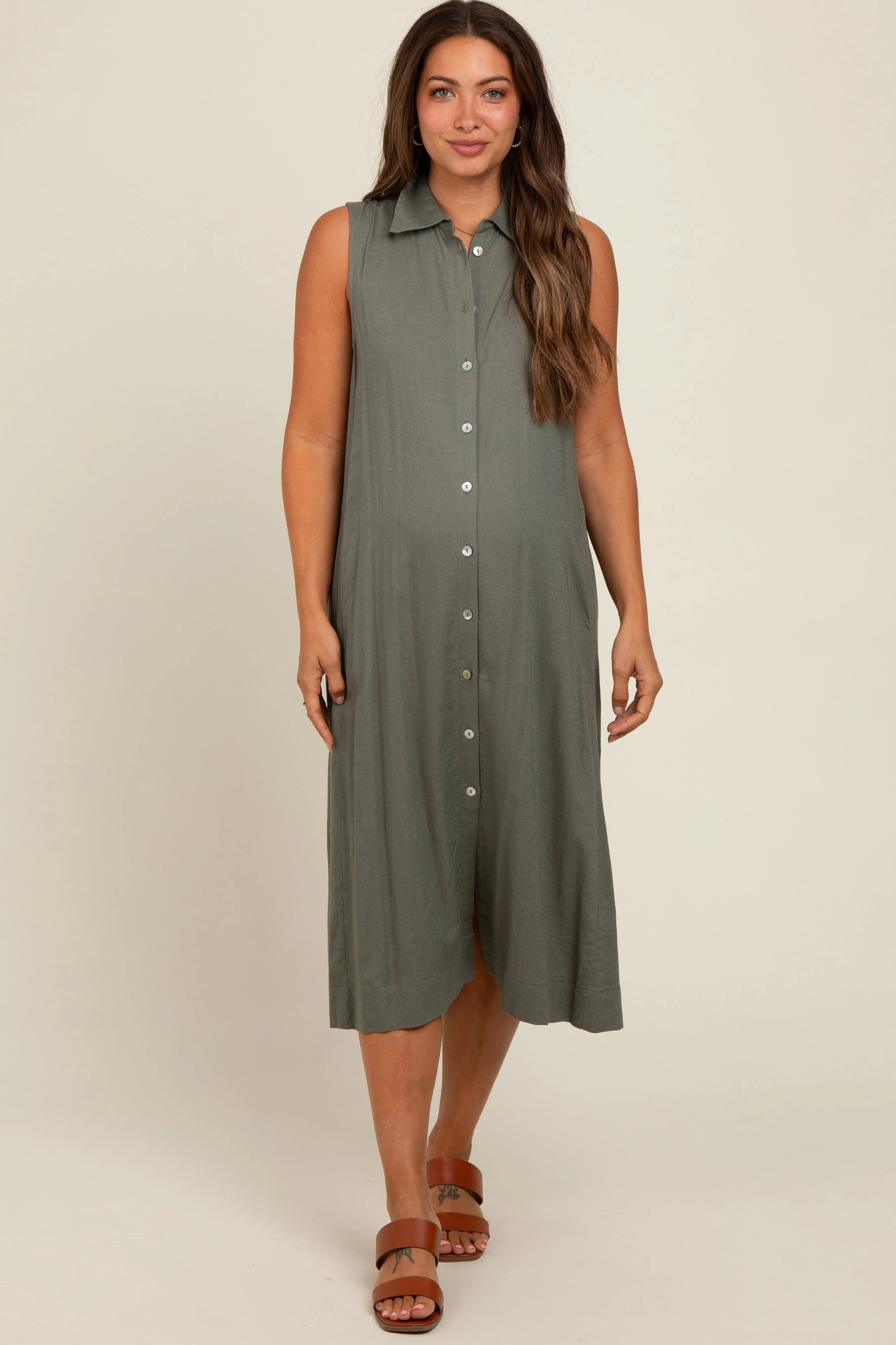 Olive Linen Button Down Maternity Midi Dress sold by Pinkblush