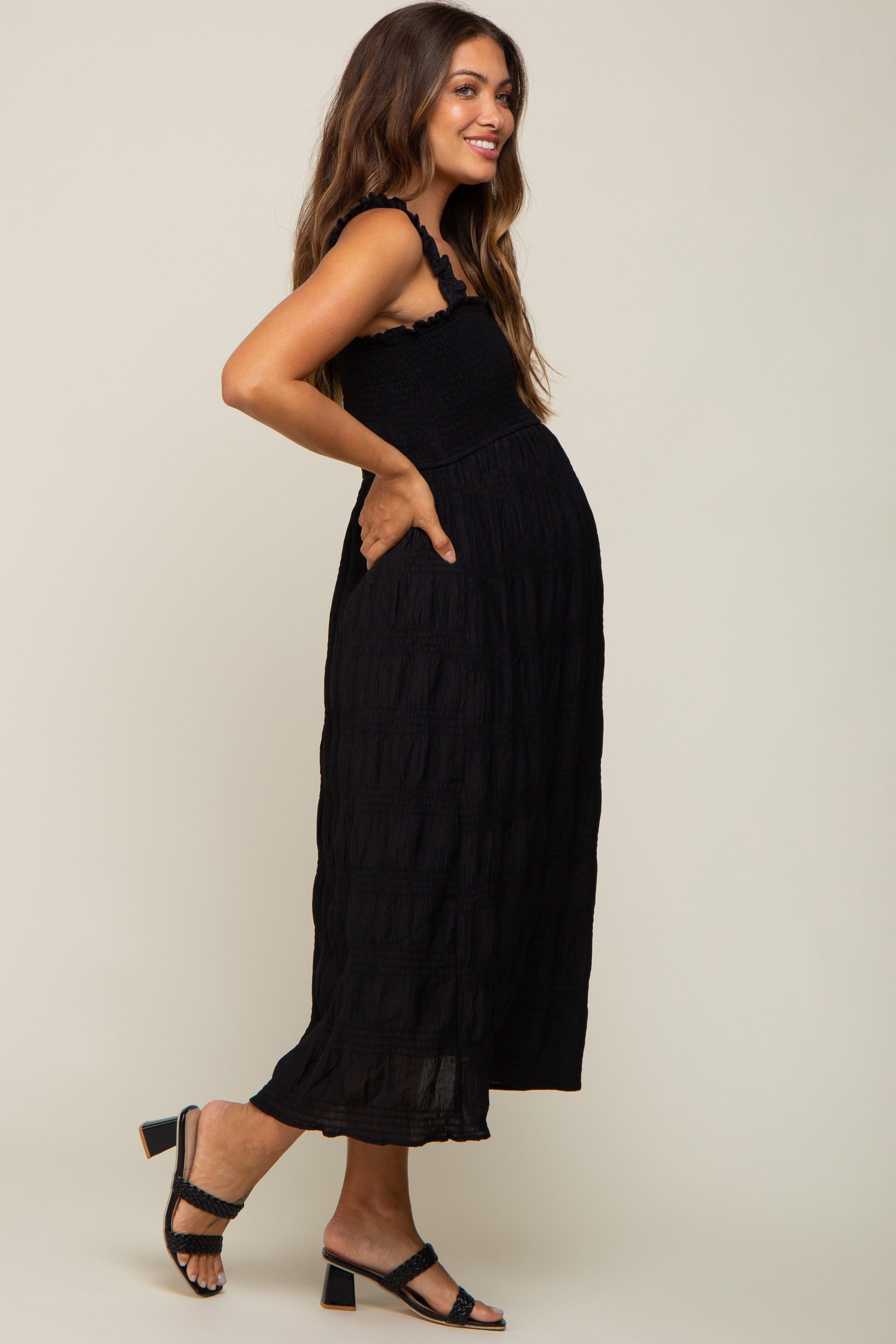 Black Smocked Square Neck Maternity Midi Dress sold by Pinkblush product image thumbnail 3