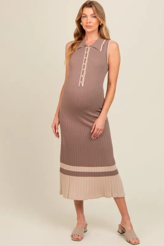 Mocha Knit Button Front Contrast Border Maternity Midi Dress sold by Pinkblush