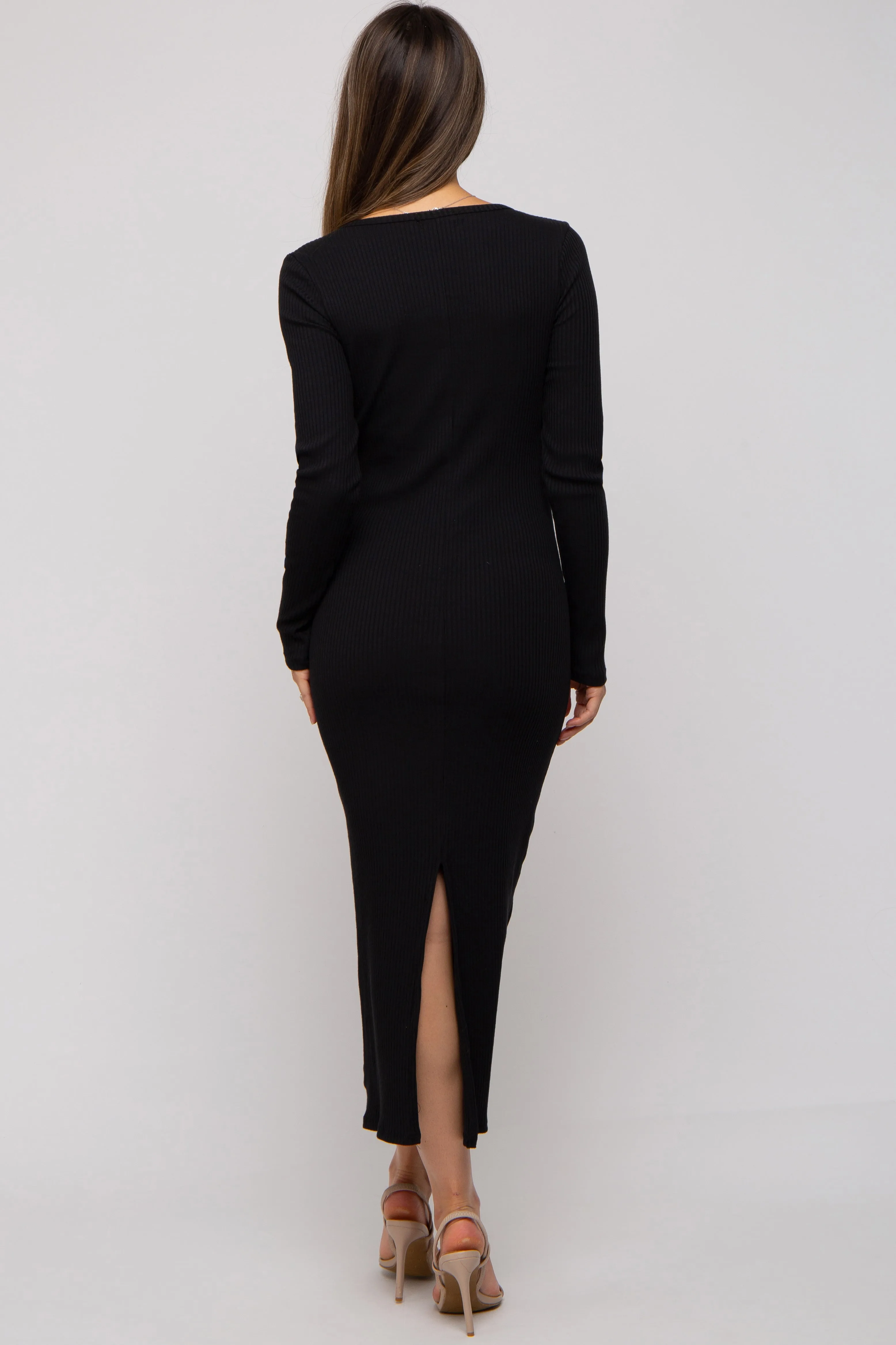 Black Ribbed Long Sleeve Maternity Maxi Dress sold by Pinkblush product image thumbnail 3