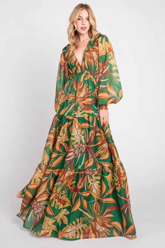 Green Leaf Print Tiered Maxi Dress sold by Pinkblush