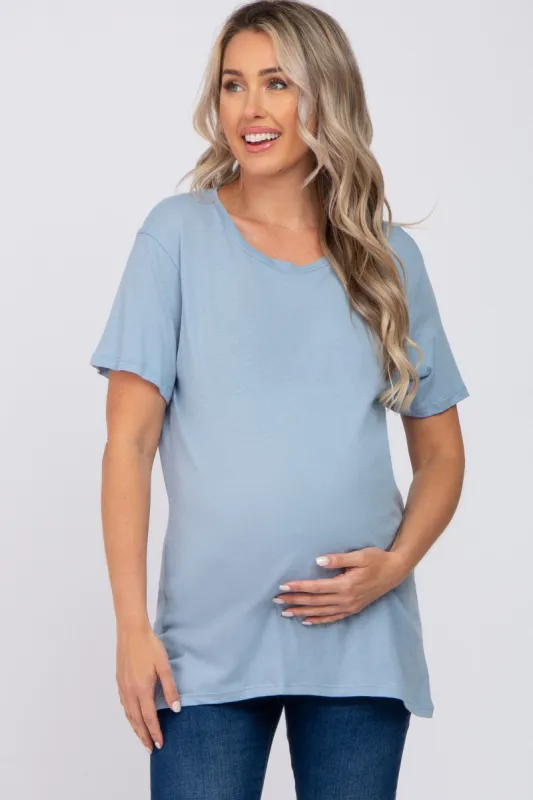 Slate Blue Oversized Short Sleeve Maternity Top sold by Pinkblush