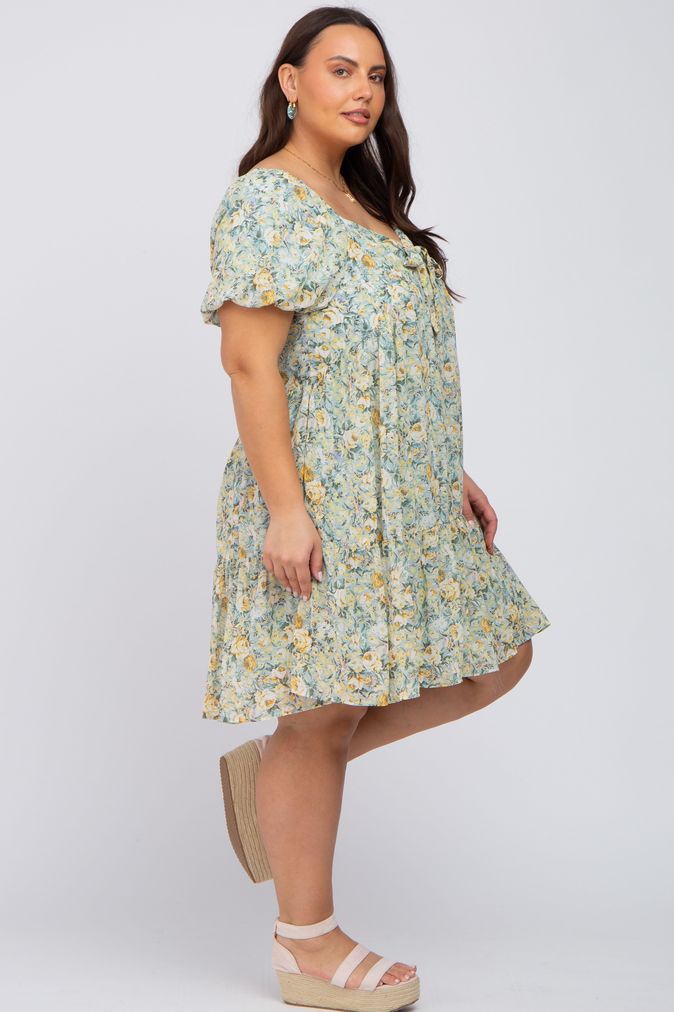 Mint Green Floral Front Tie Plus Mini Dress sold by Pinkblush product image thumbnail 2