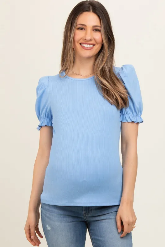 Blue Ribbed Puff Sleeve Maternity Top sold by Pinkblush