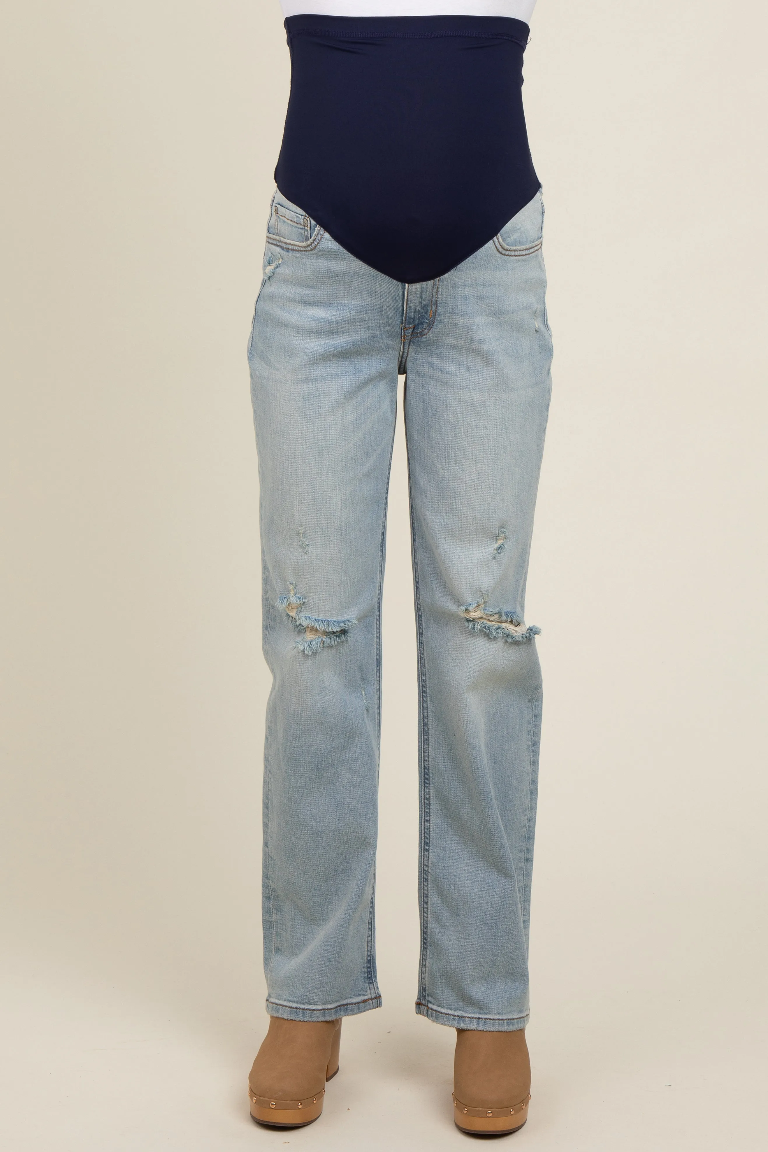 Light Blue Distressed Open Knee Maternity Straight Leg Jeans sold by Pinkblush product image thumbnail 3