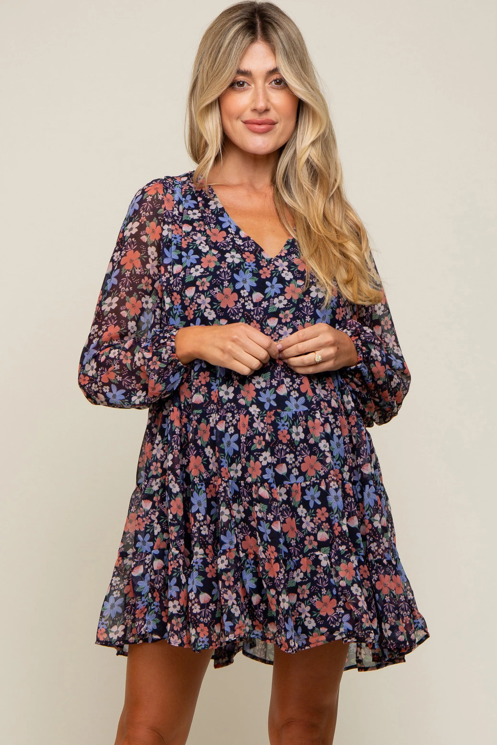 Navy Floral Chiffon Maternity Mini Dress sold by Pinkblush