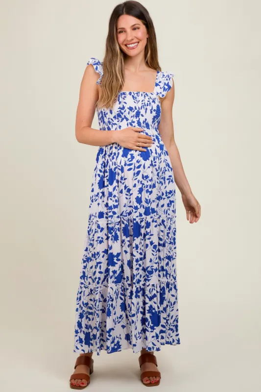 Royal Blue Ruffle Sleeve Tiered Maternity Maxi Dress made by Pinkblush