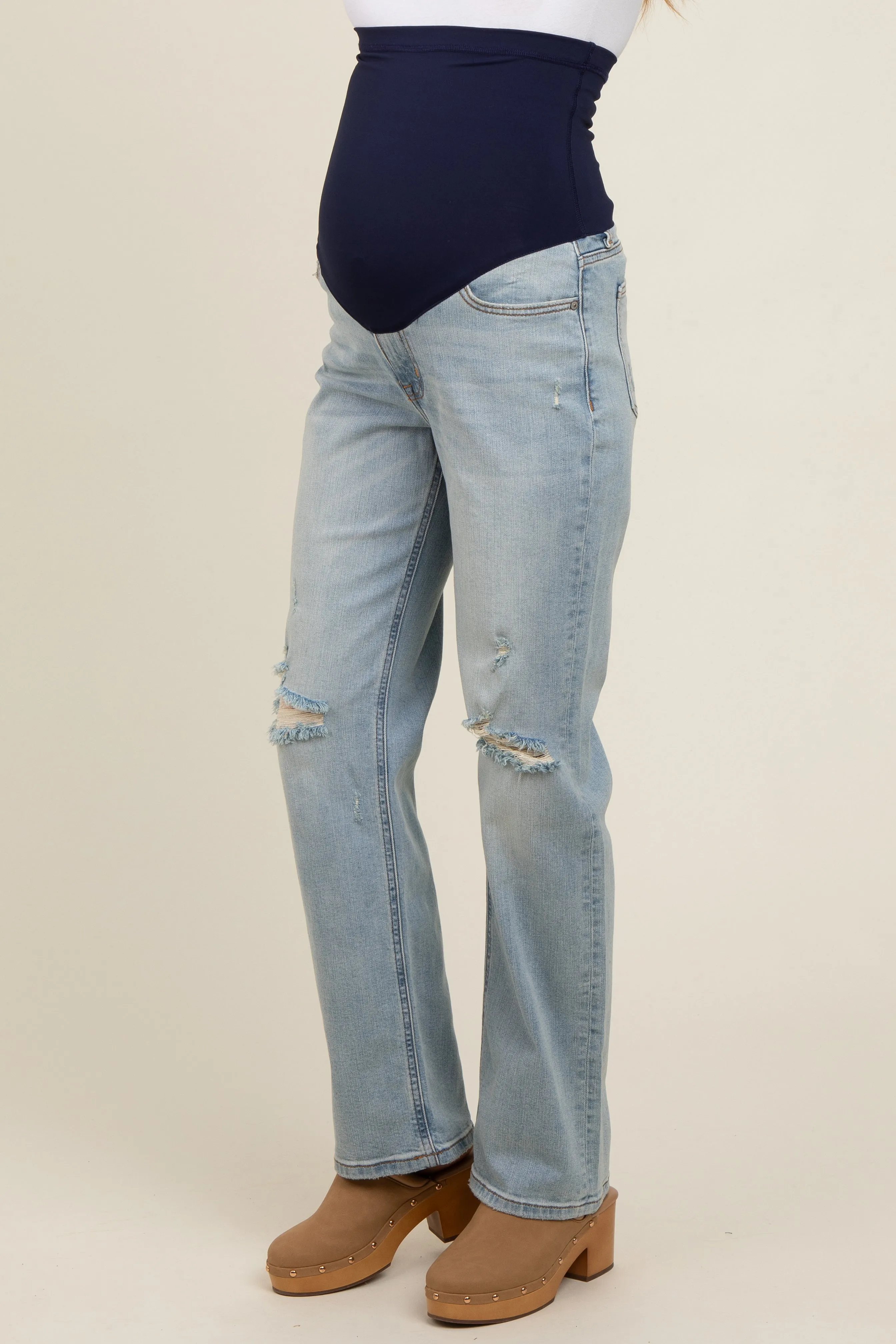 Light Blue Distressed Open Knee Maternity Straight Leg Jeans sold by Pinkblush product image thumbnail 4