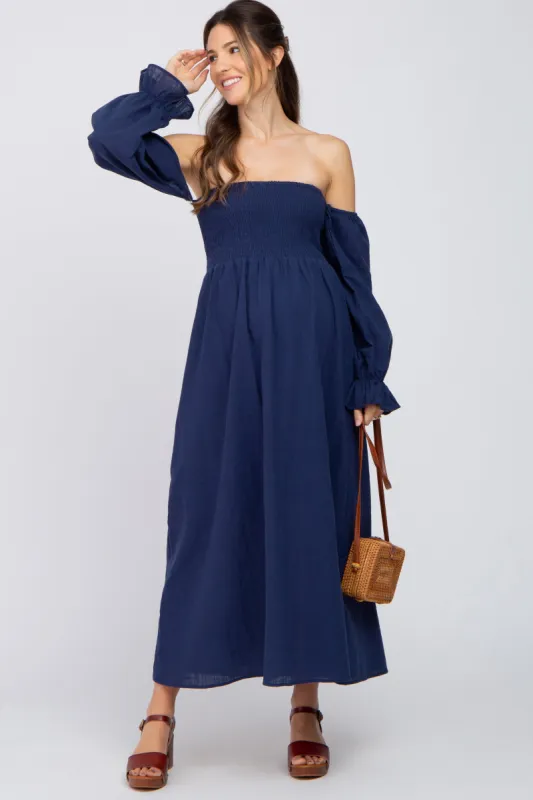 Navy Blue Linen Smocked Square Neck Short Puff Sleeve Maternity Midi Dress sold by Pinkblush