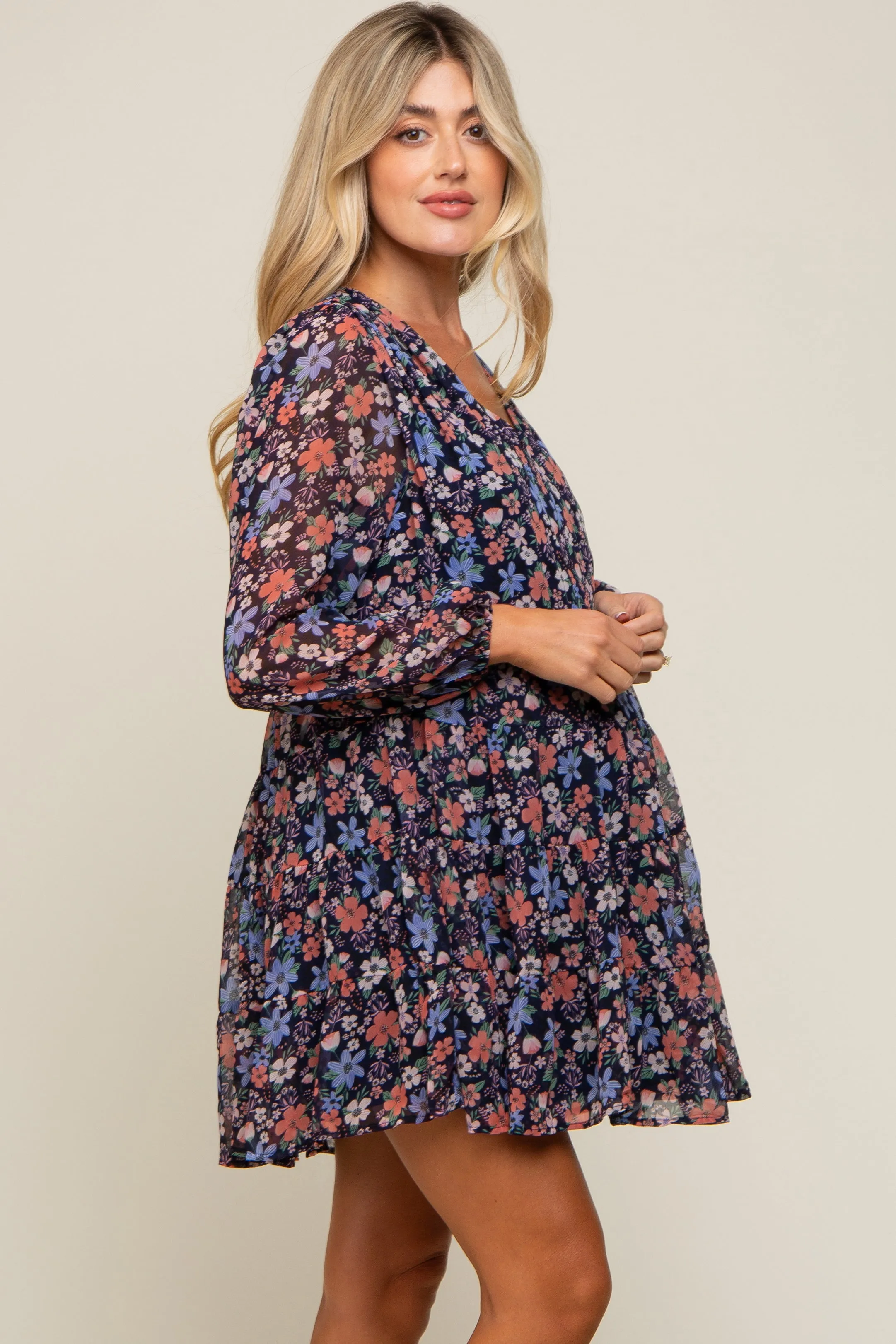Navy Floral Chiffon Maternity Mini Dress sold by Pinkblush product image thumbnail 2