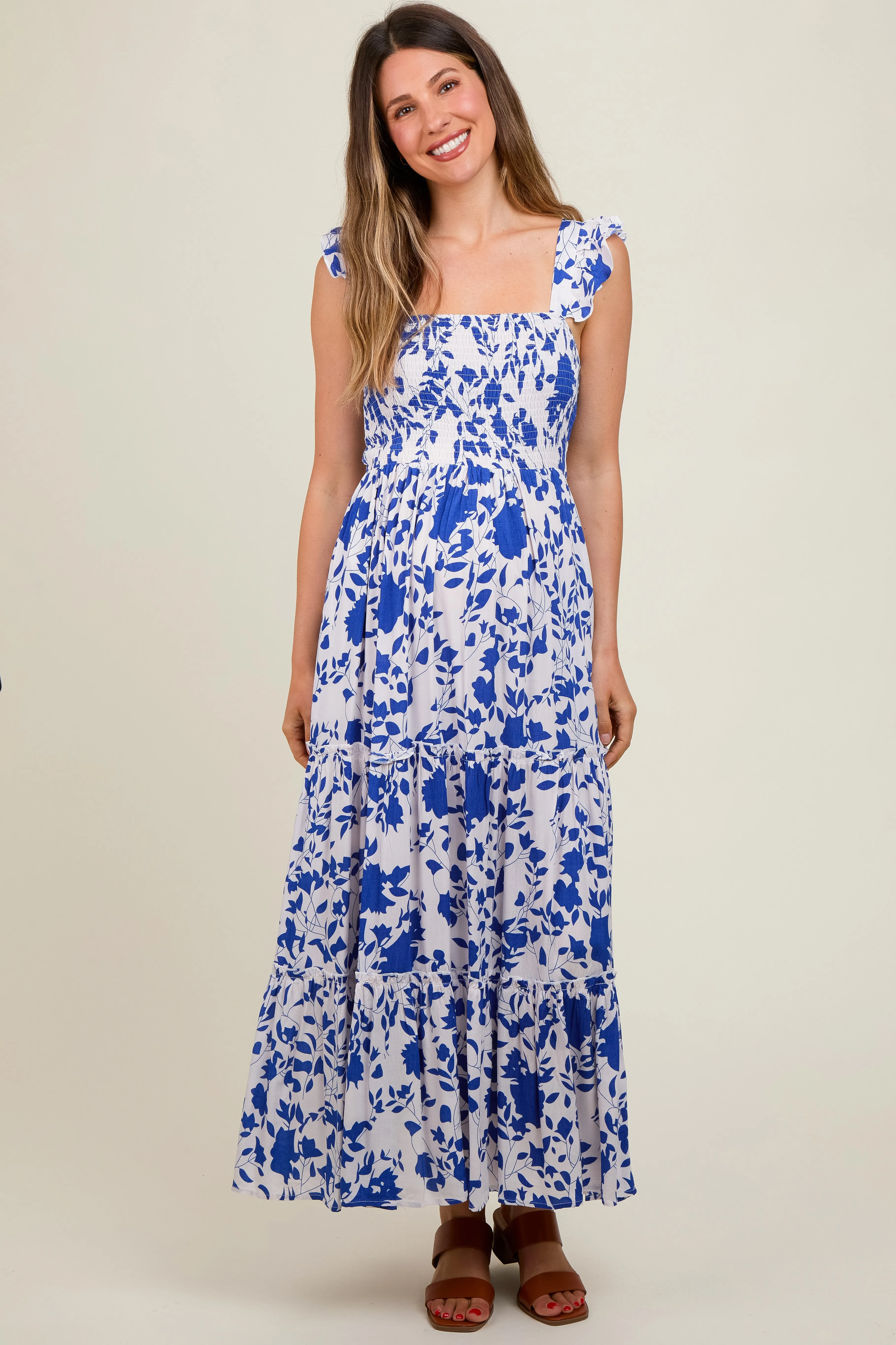 Royal Blue Ruffle Sleeve Tiered Maternity Maxi Dress sold by Pinkblush product image thumbnail 2