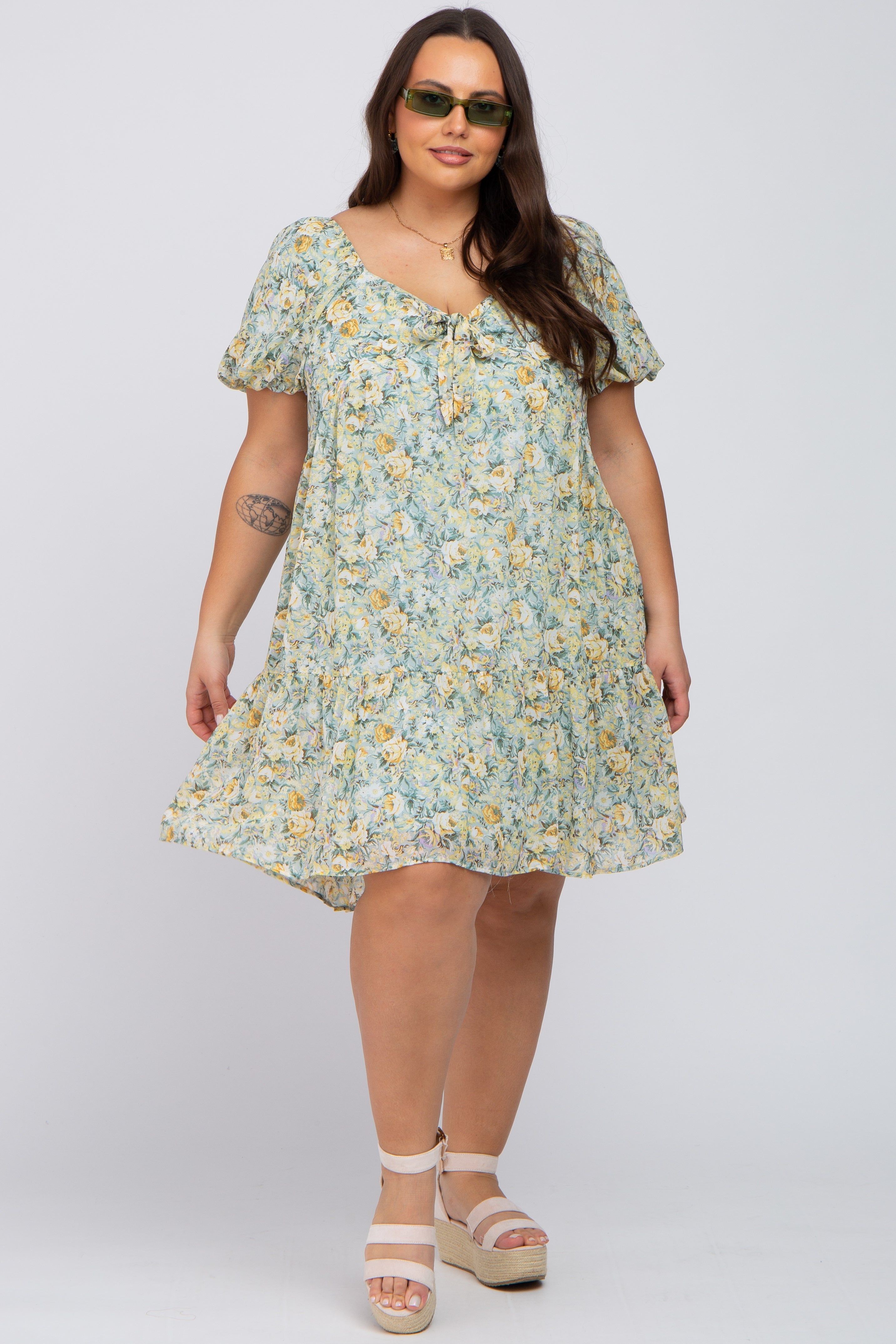 Mint Green Floral Front Tie Plus Mini Dress sold by Pinkblush product image thumbnail 4