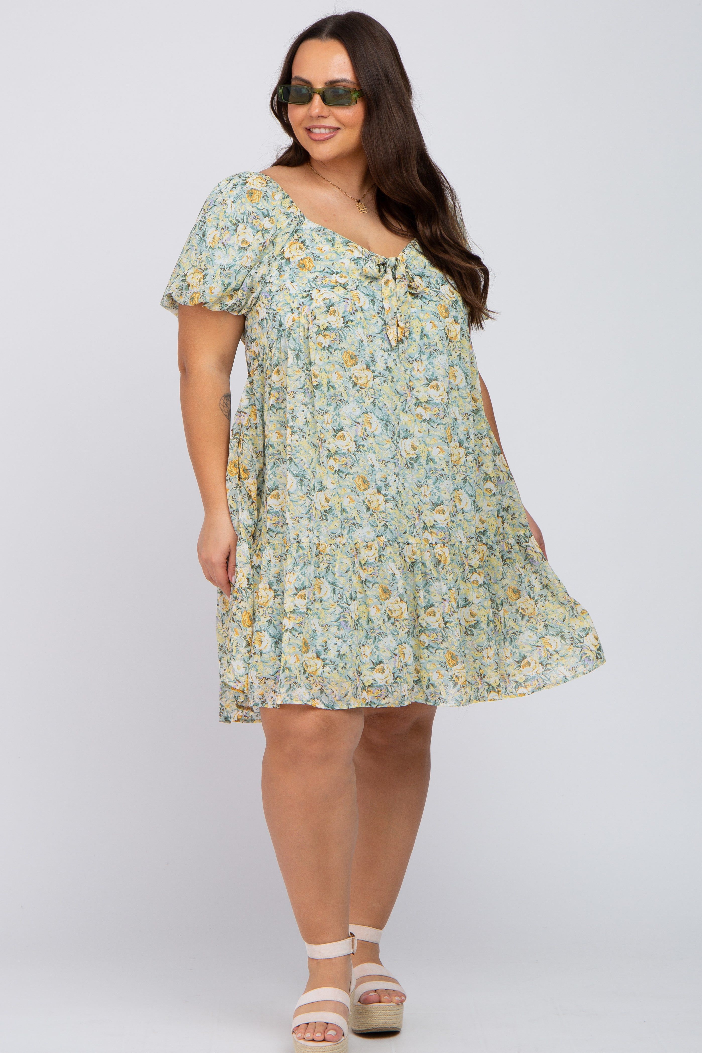 Mint Green Floral Front Tie Plus Mini Dress sold by Pinkblush