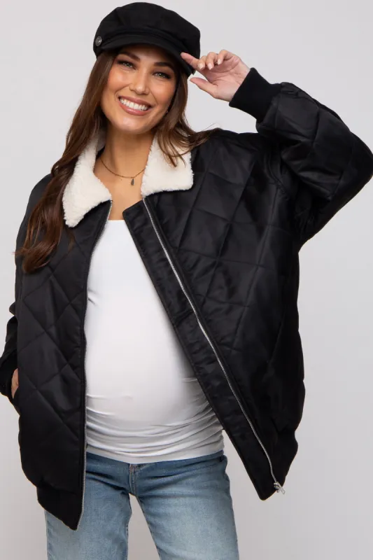 Black Quilted Sherpa Collar Maternity Jacket sold by Pinkblush