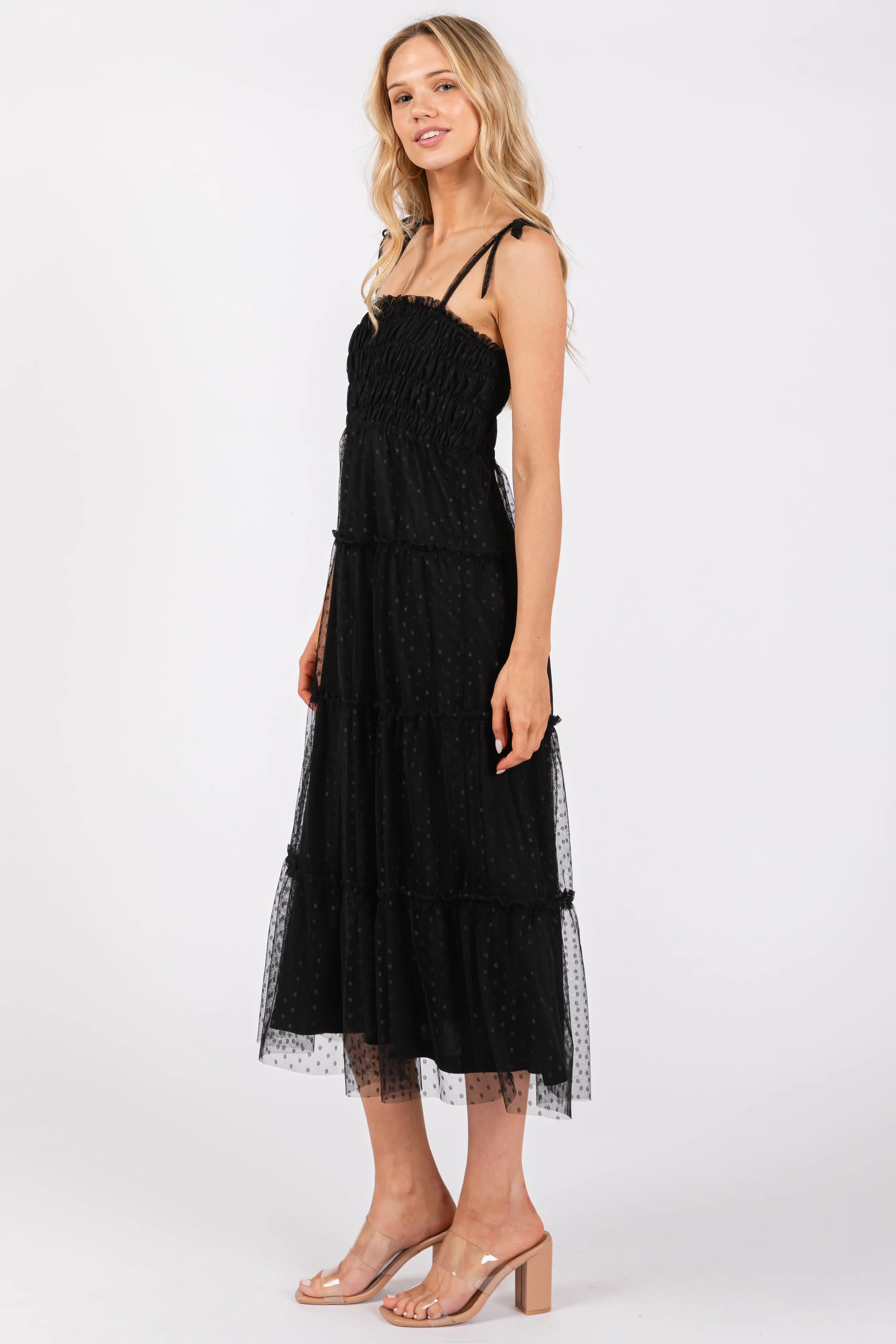 Black Smocked Polka Dot Mesh Shoulder Tie Midi Dress sold by Pinkblush product image thumbnail 2