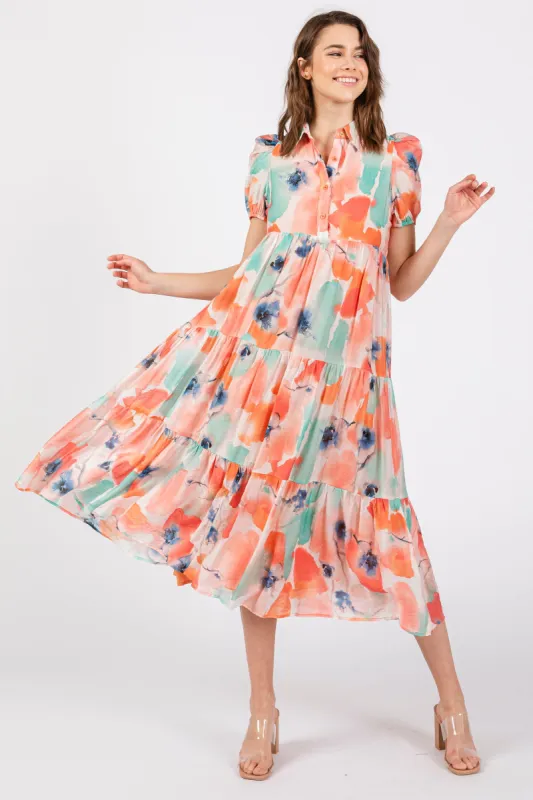 Aqua Floral Button Front Short Sleeve Tiered Midi Dress sold by Pinkblush