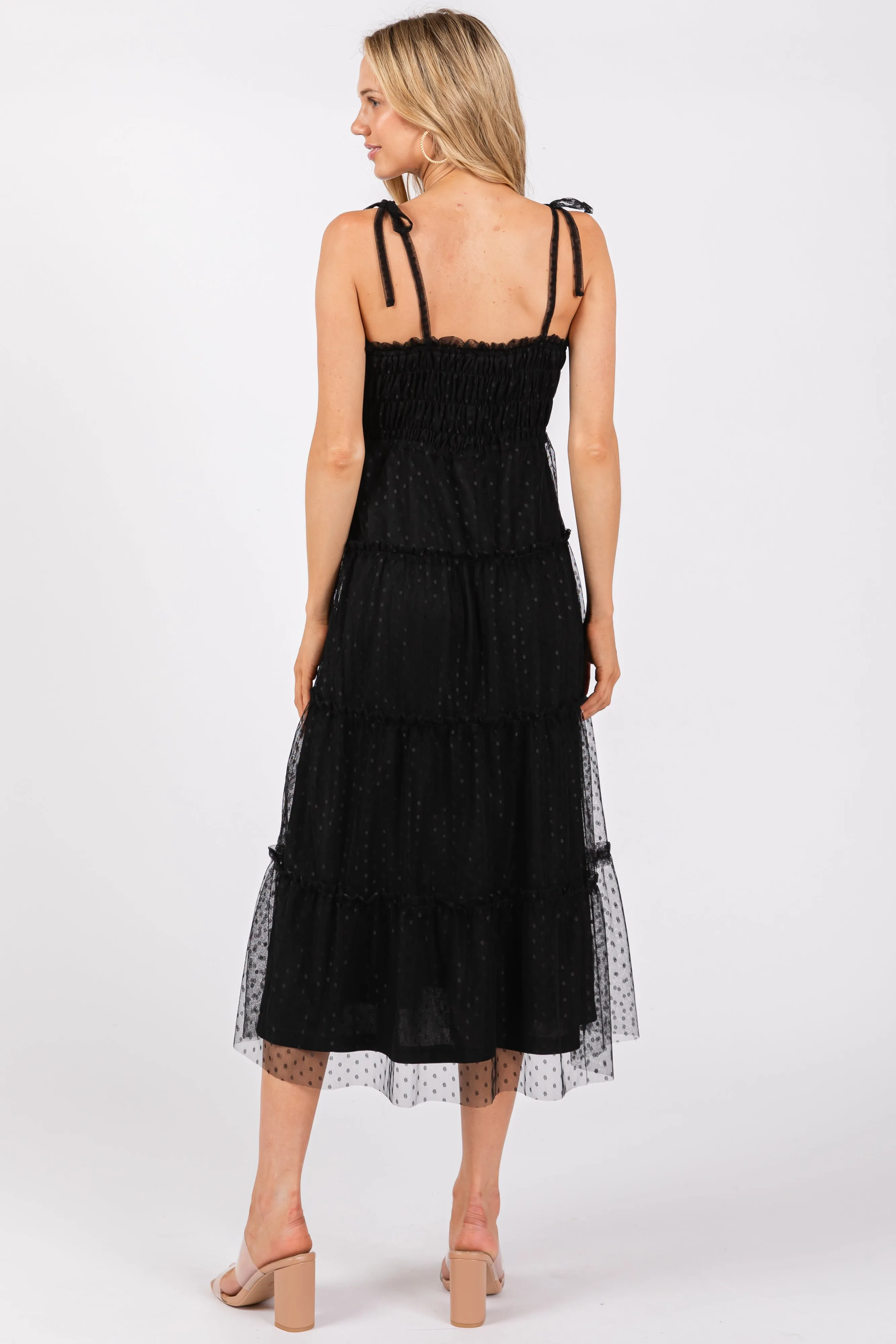 Black Smocked Polka Dot Mesh Shoulder Tie Midi Dress sold by Pinkblush product image thumbnail 3