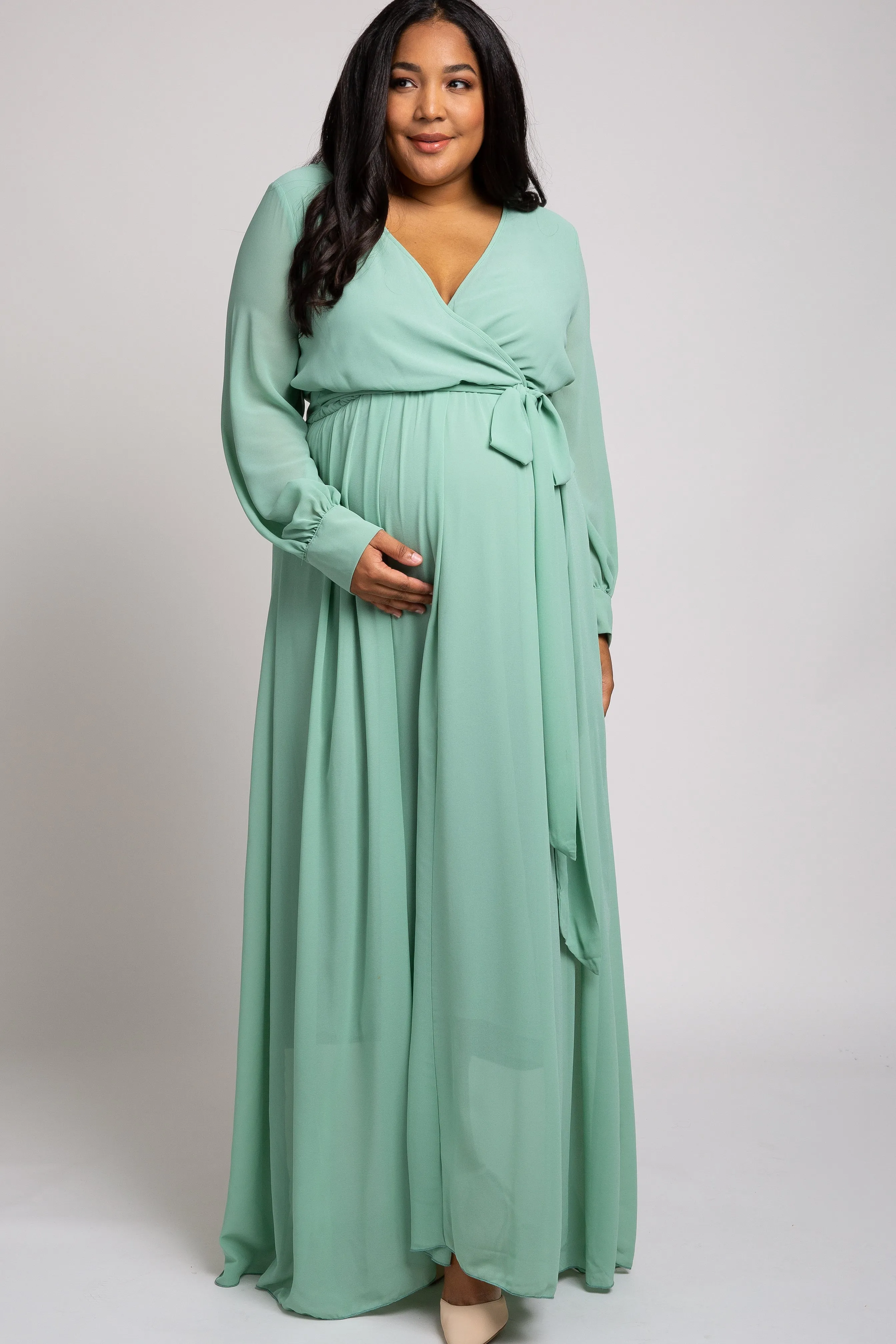 Mint Green Chiffon Maternity Plus Maxi Dress sold by Pinkblush